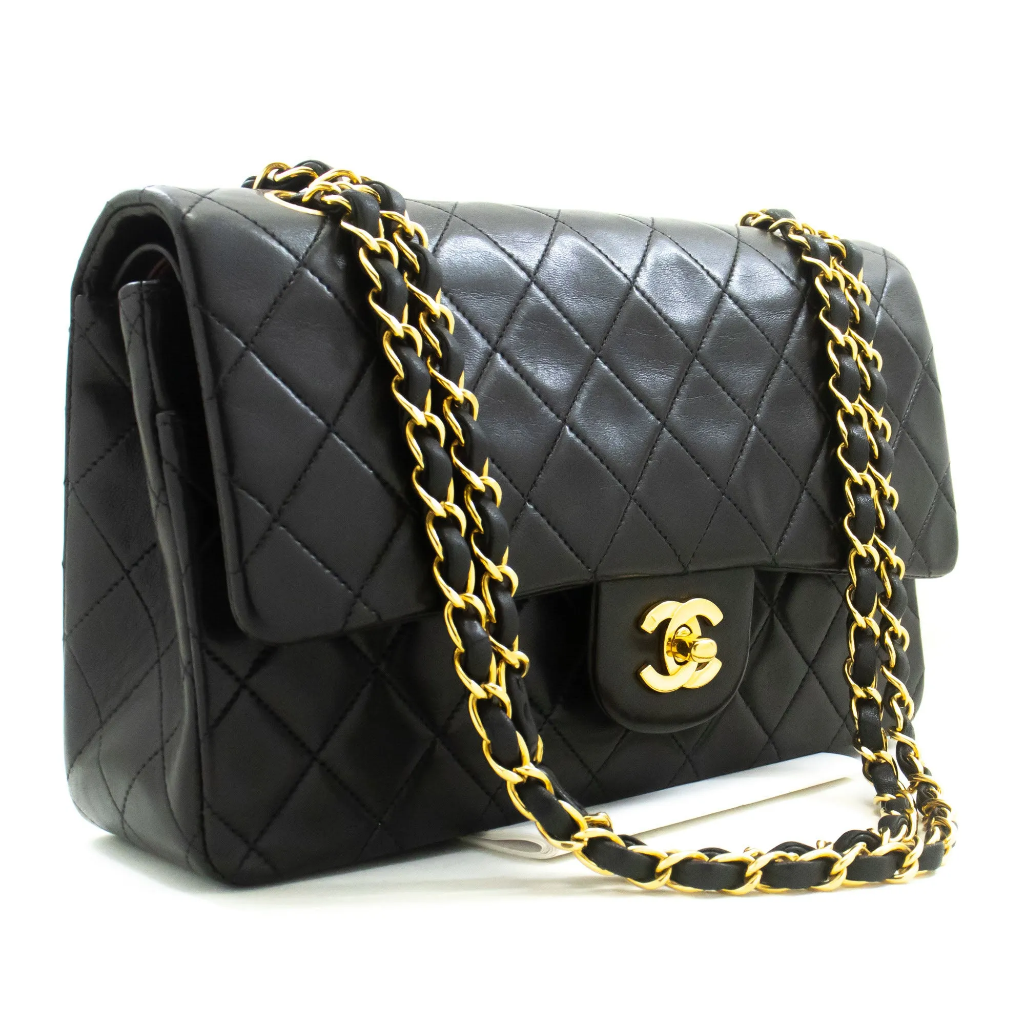CHANEL Classic Double Flap 10" Chain Shoulder Bag Black Lambskin p59