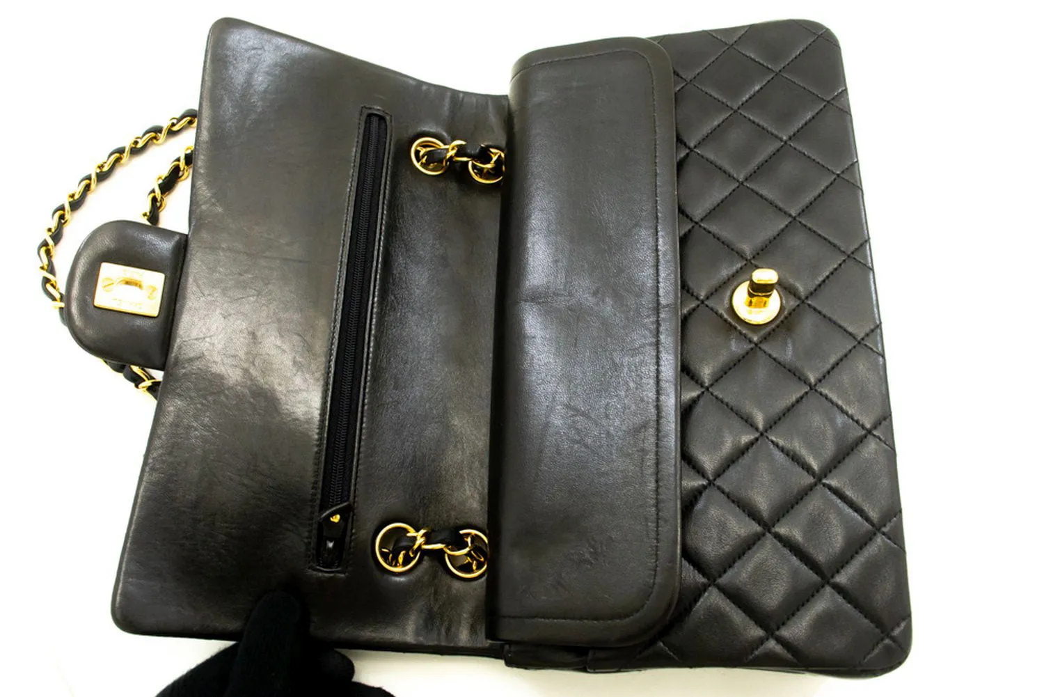 CHANEL Classic Double Flap 10" Chain Shoulder Bag Black Lambskin p59