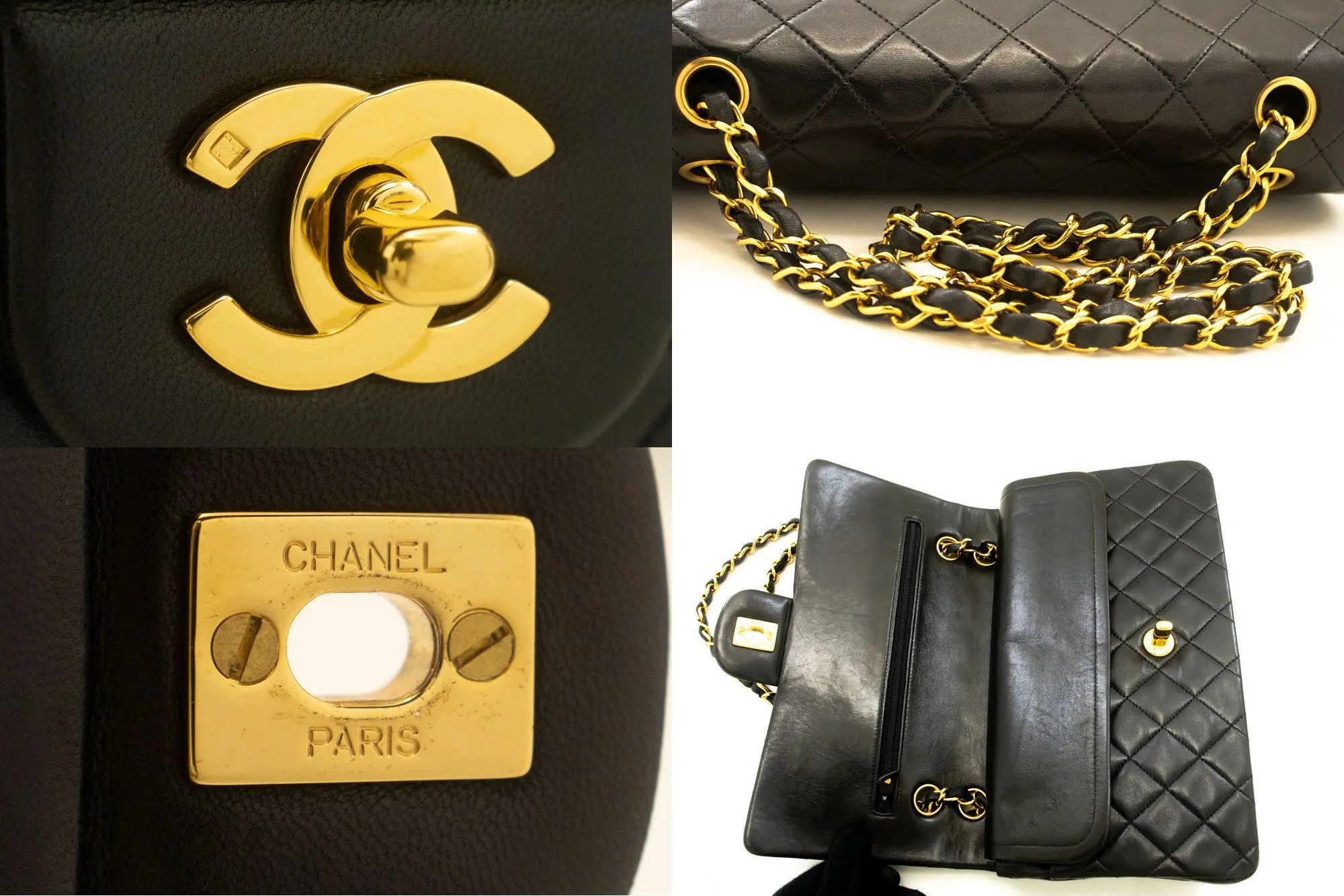 CHANEL Classic Double Flap 10" Chain Shoulder Bag Black Lambskin p59