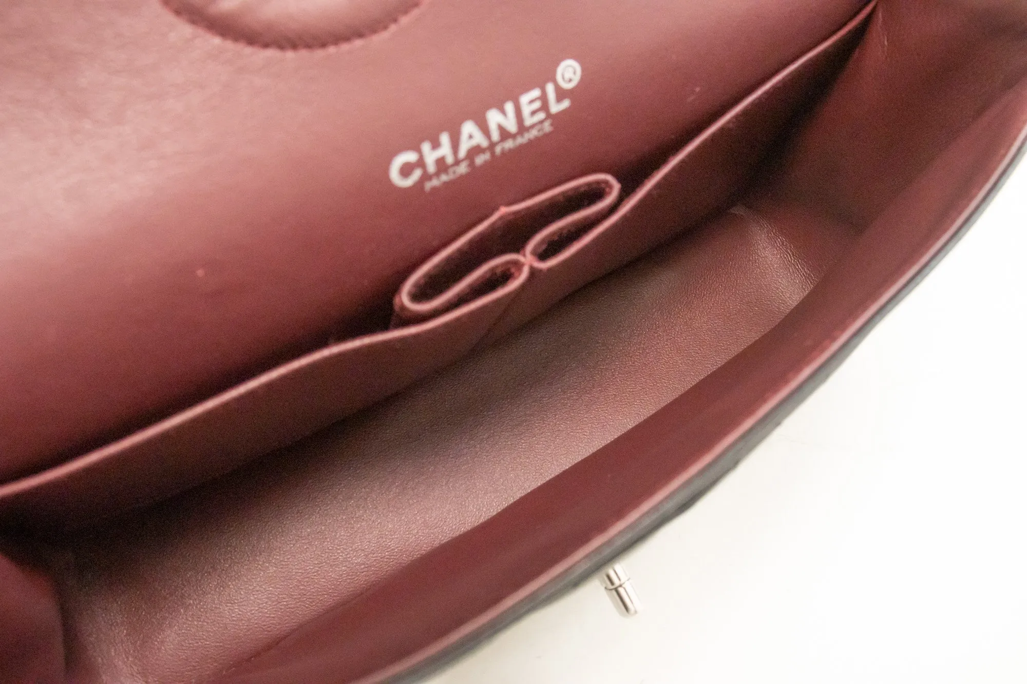 CHANEL Classic Double Flap 10" Silver Chain Shoulder Bag Black Lam n65