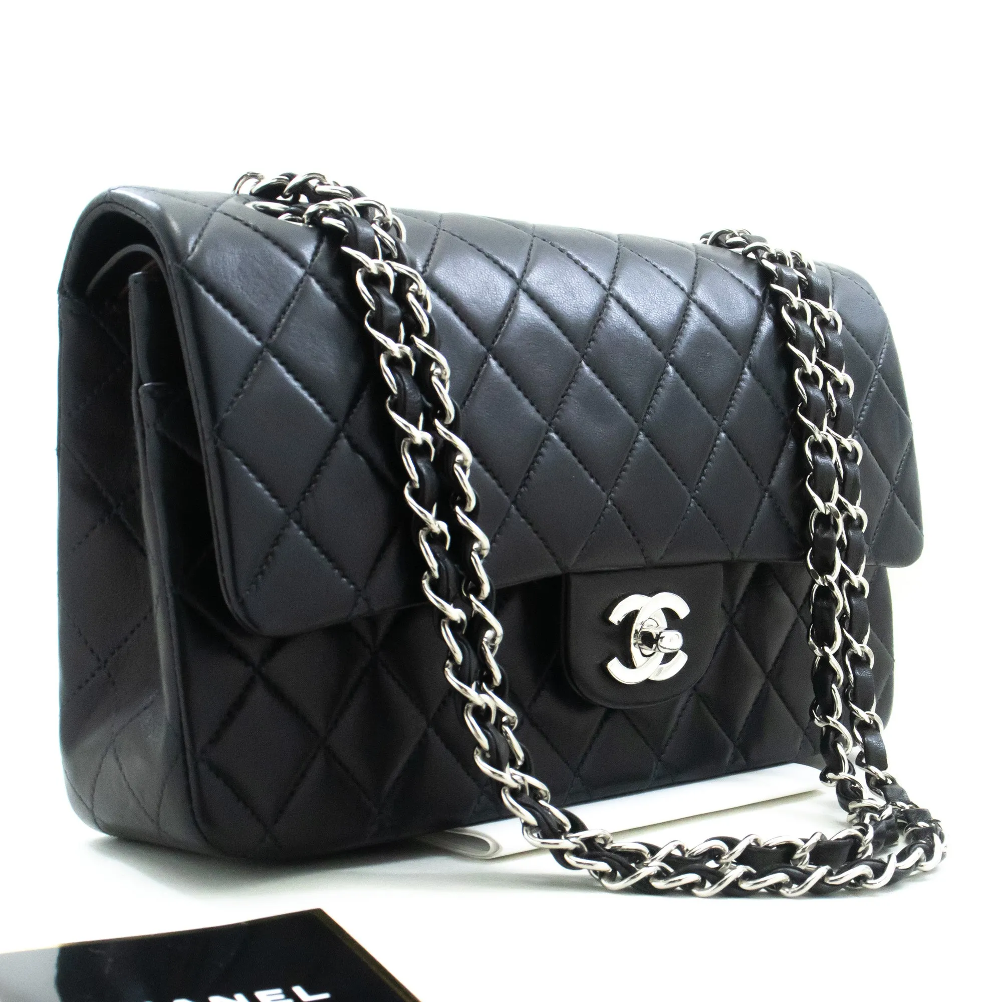 CHANEL Classic Double Flap 10" Silver Chain Shoulder Bag Black Lam n65