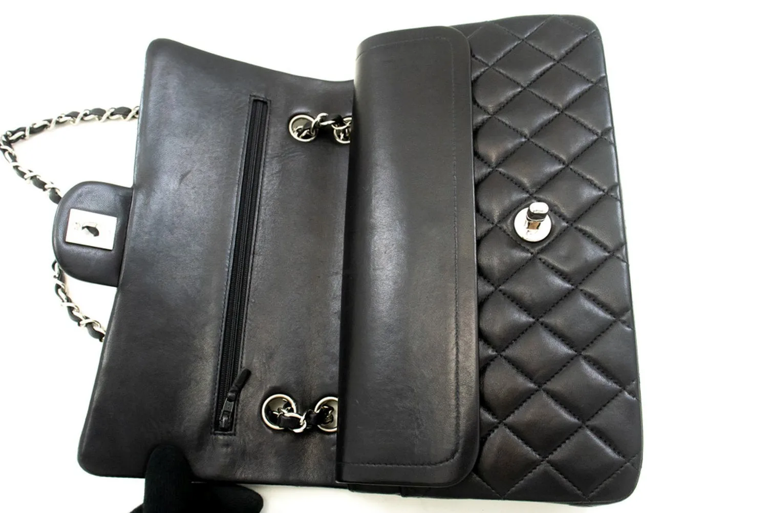CHANEL Classic Double Flap 10" Silver Chain Shoulder Bag Black Lam n65