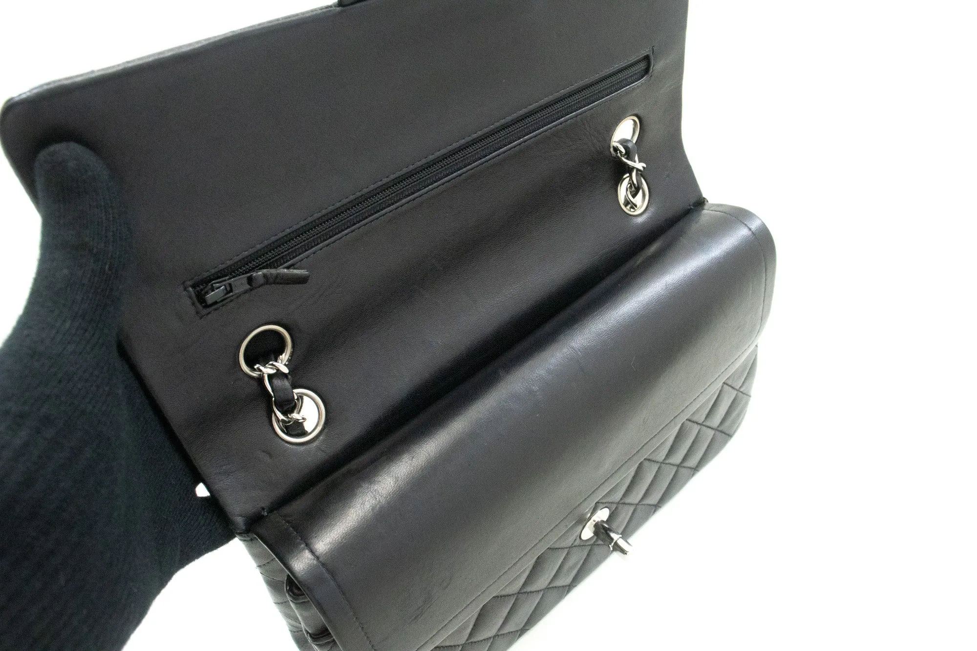 CHANEL Classic Double Flap 10" Silver Chain Shoulder Bag Black Lam n65