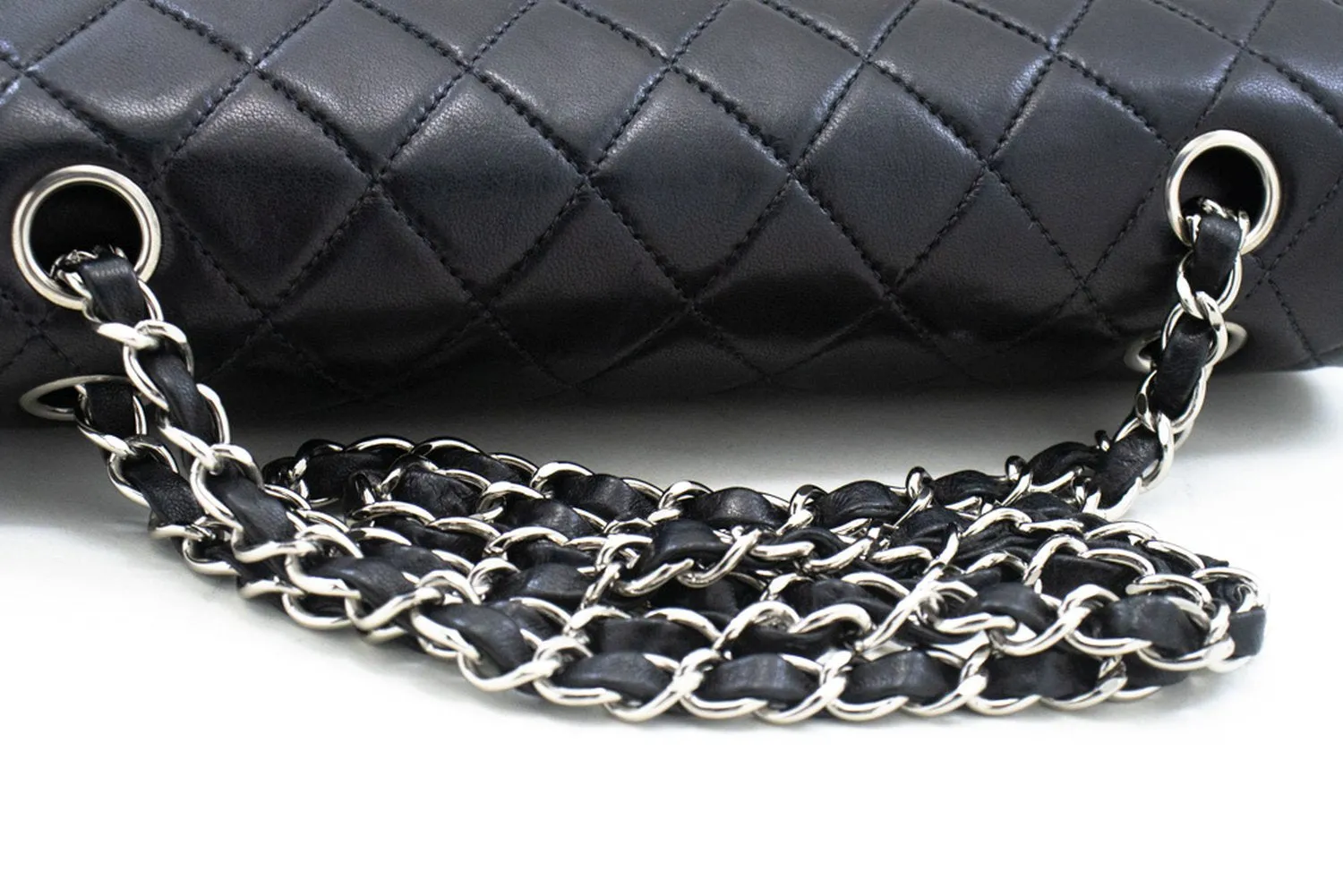 CHANEL Classic Double Flap 10" Silver Chain Shoulder Bag Black Lam n65