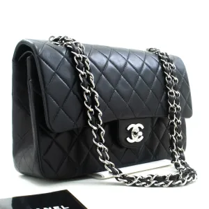 CHANEL Classic Double Flap 10" Silver Chain Shoulder Bag Black Lam n65