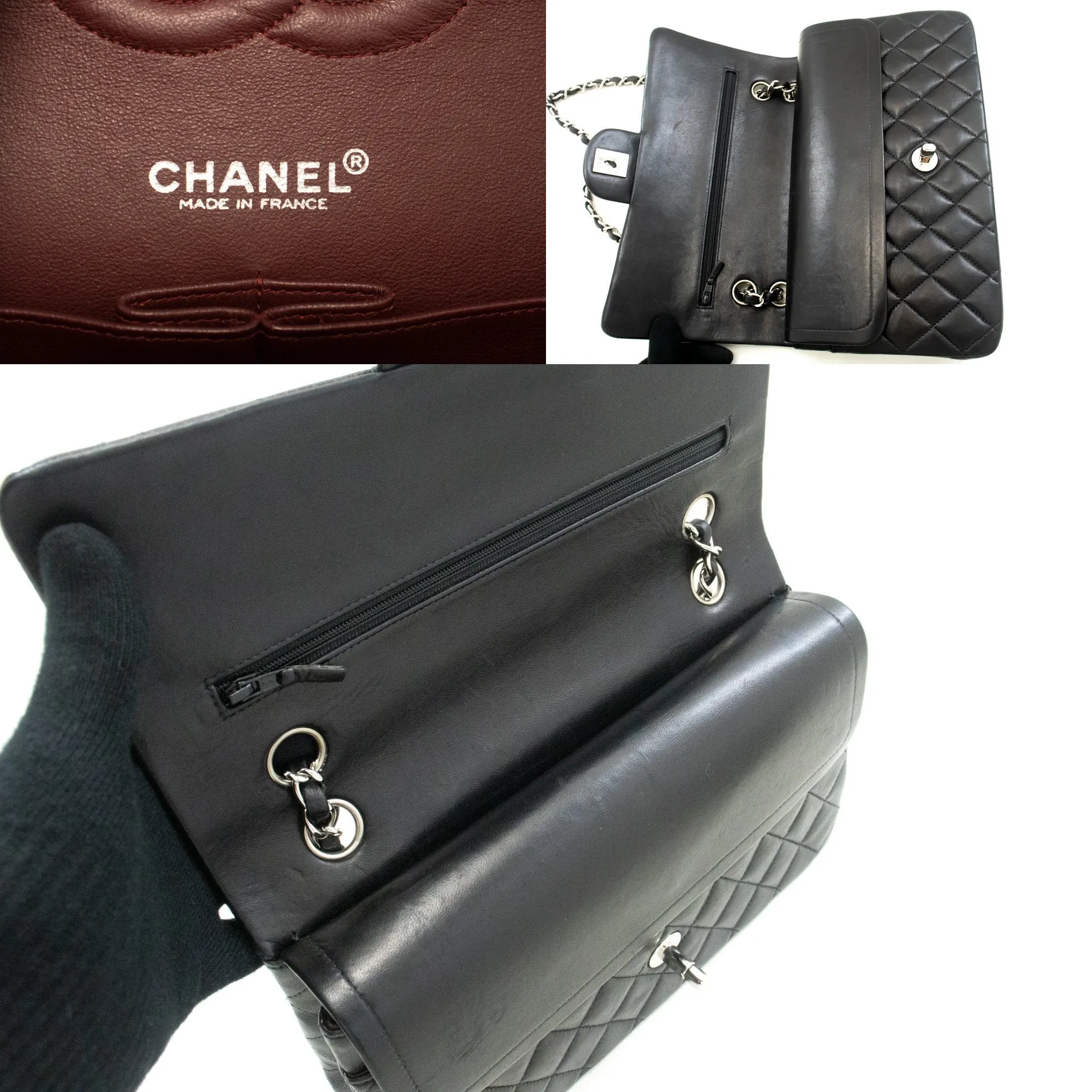 CHANEL Classic Double Flap 10" Silver Chain Shoulder Bag Black Lam n65