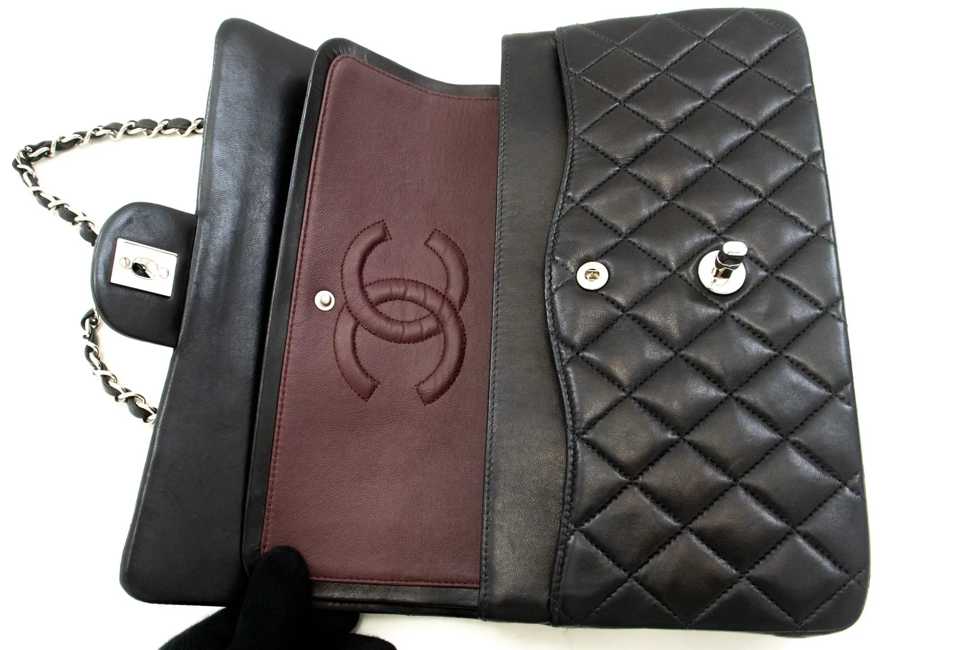 CHANEL Classic Double Flap 10" Silver Chain Shoulder Bag Black Lam n65