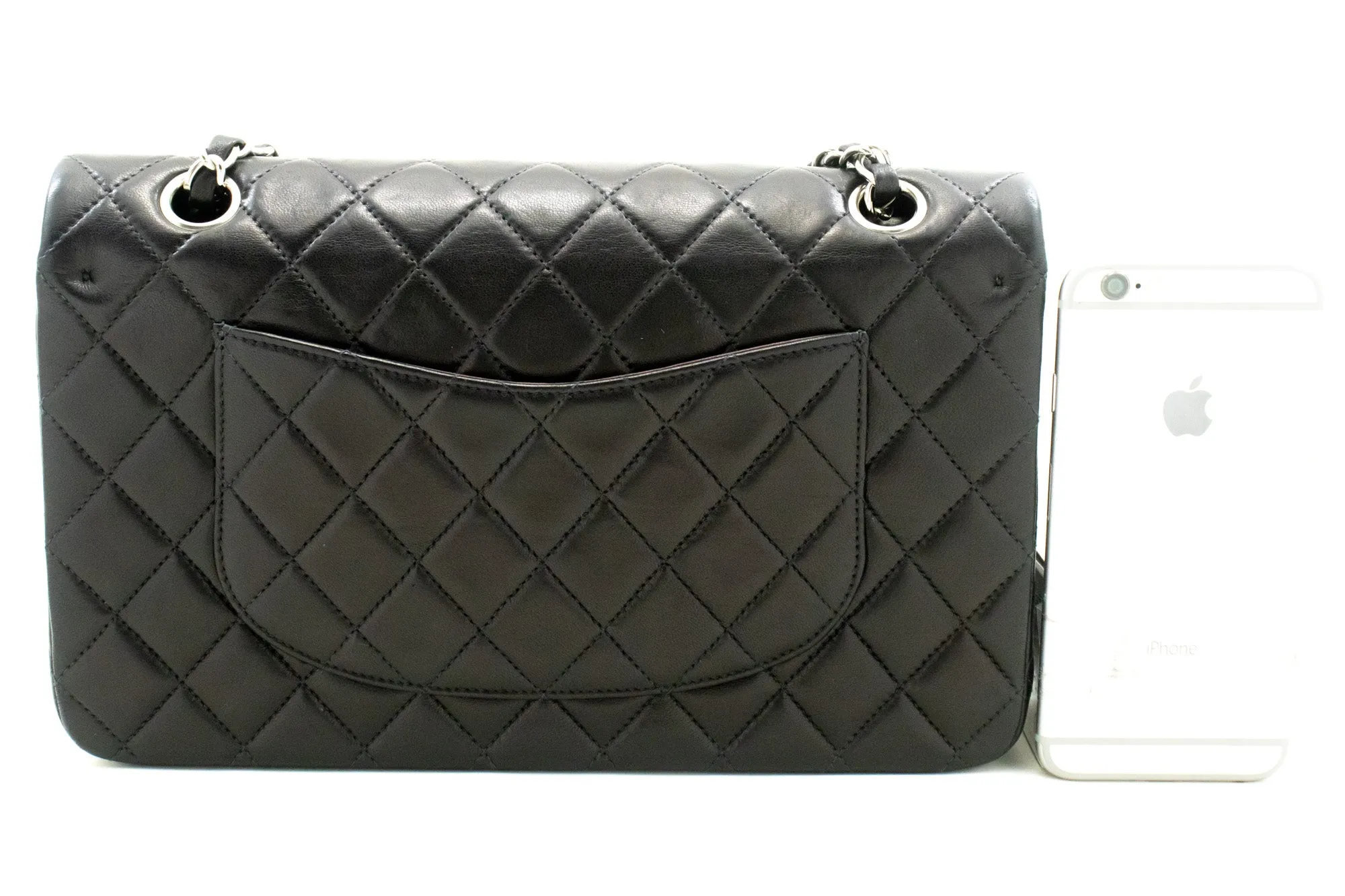 CHANEL Classic Double Flap 10" Silver Chain Shoulder Bag Black Lam n65