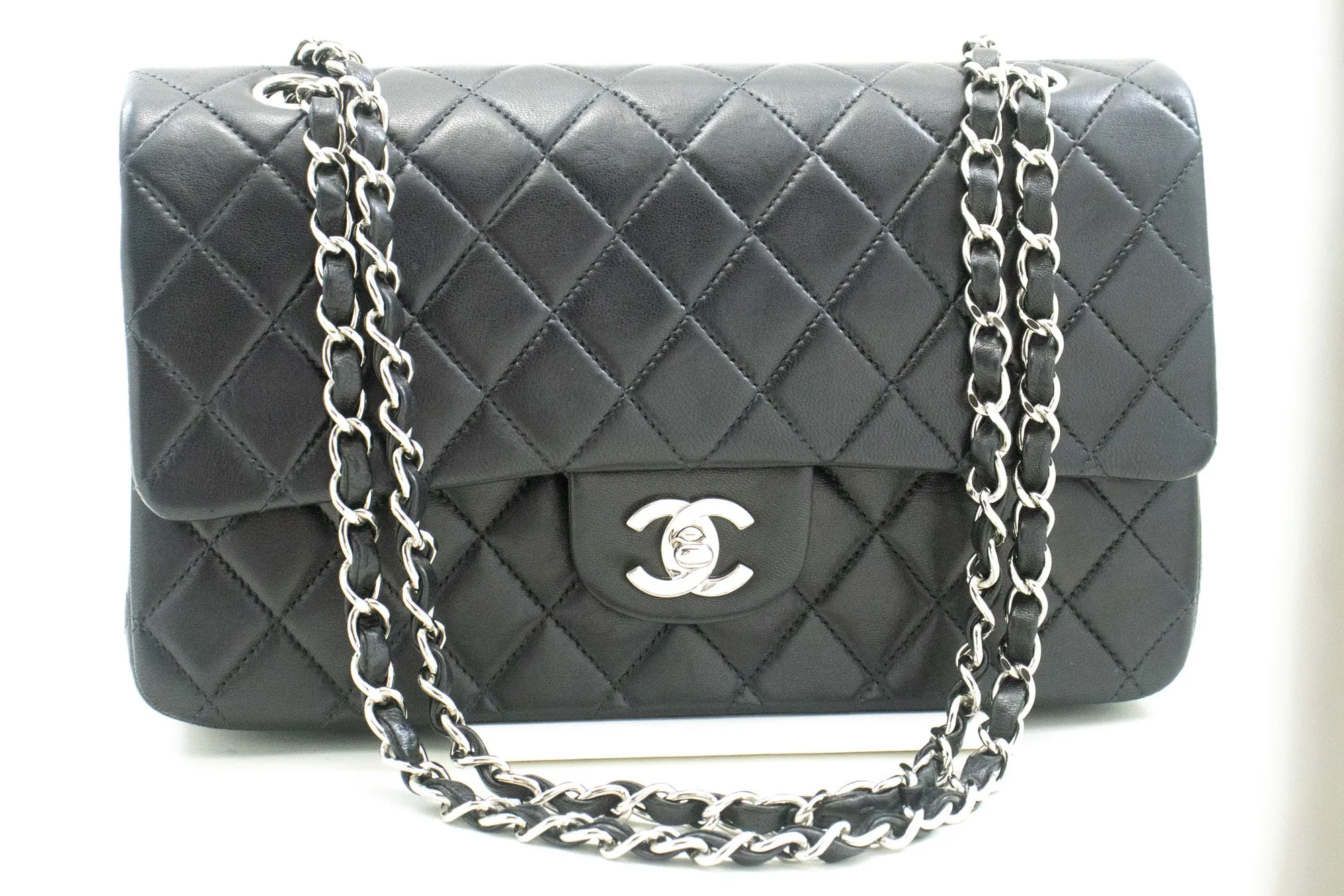 CHANEL Classic Double Flap 10" Silver Chain Shoulder Bag Black Lam n65