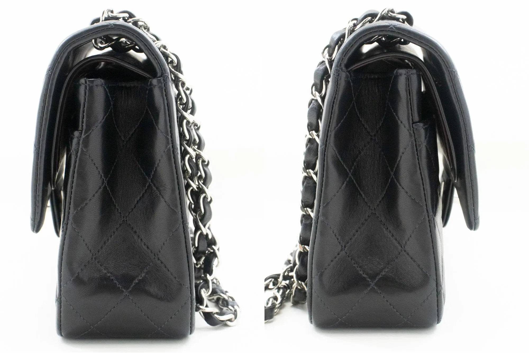 CHANEL Classic Double Flap 10" Silver Chain Shoulder Bag Black Lam n65
