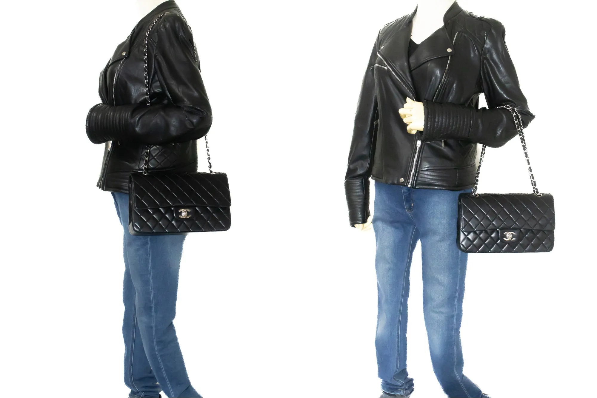 CHANEL Classic Double Flap 10" Silver Chain Shoulder Bag Black Lam n65