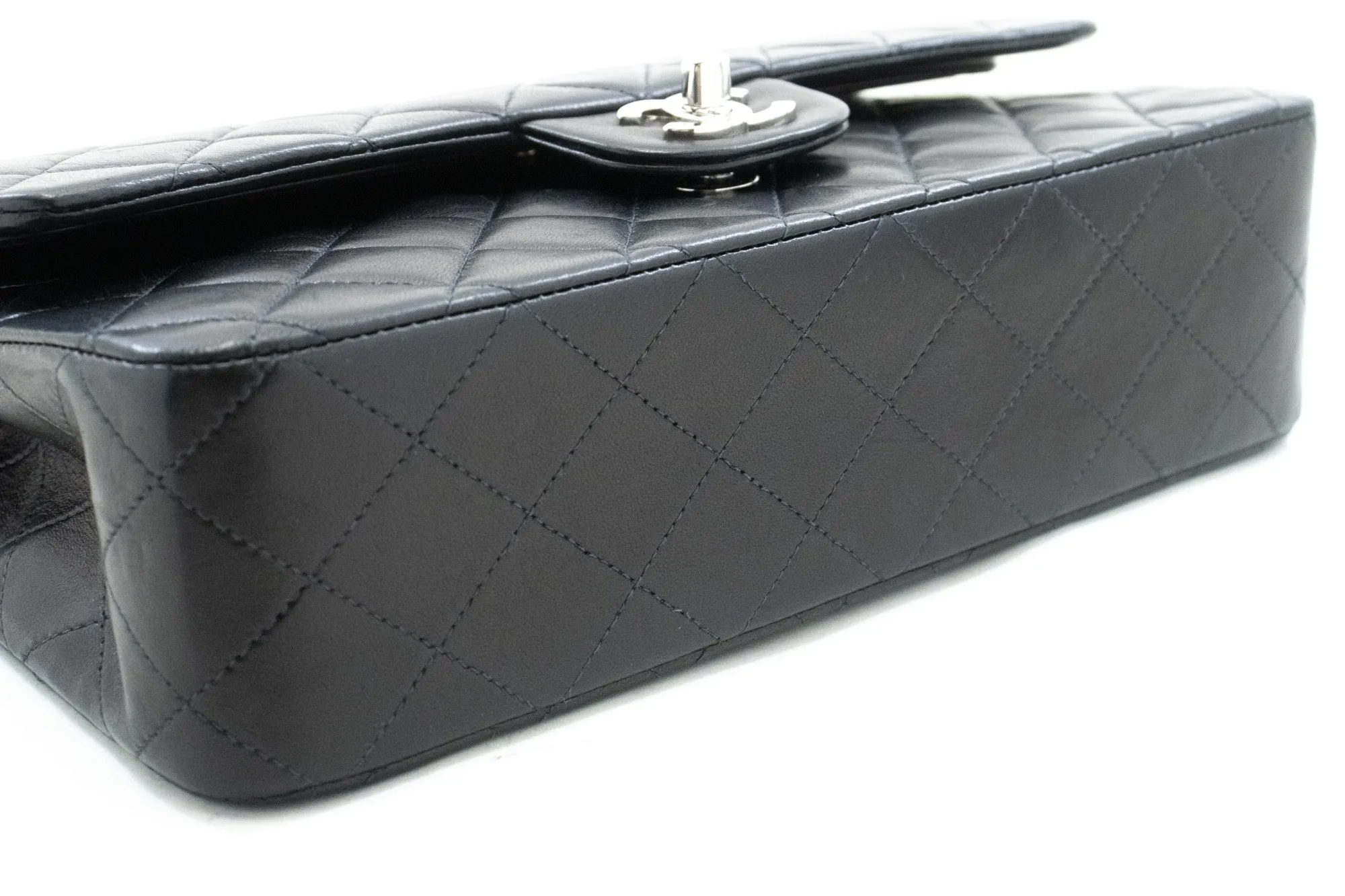 CHANEL Classic Double Flap 10" Silver Chain Shoulder Bag Black Lam n65