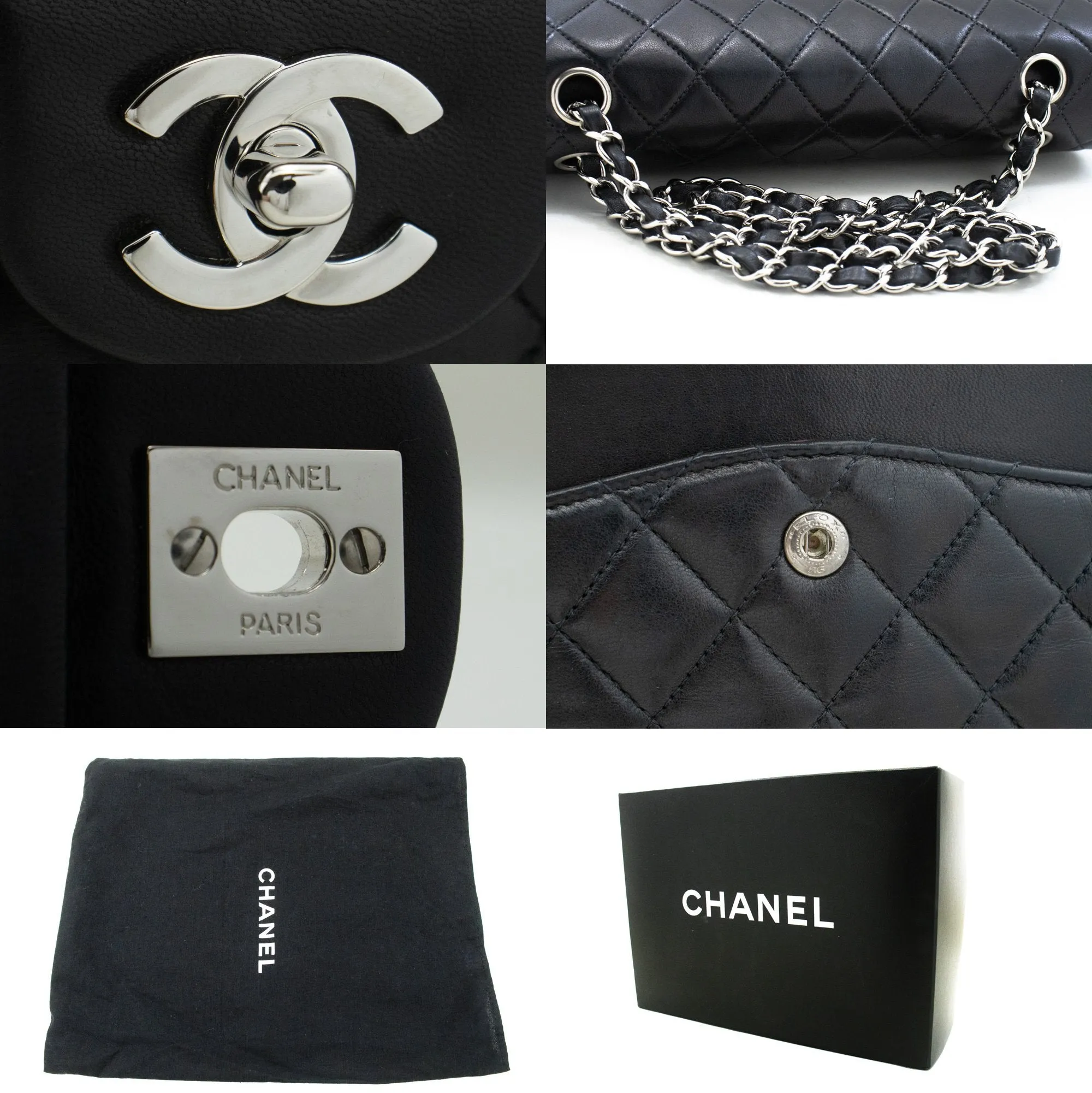 CHANEL Classic Double Flap 10" Silver Chain Shoulder Bag Black Lam n65