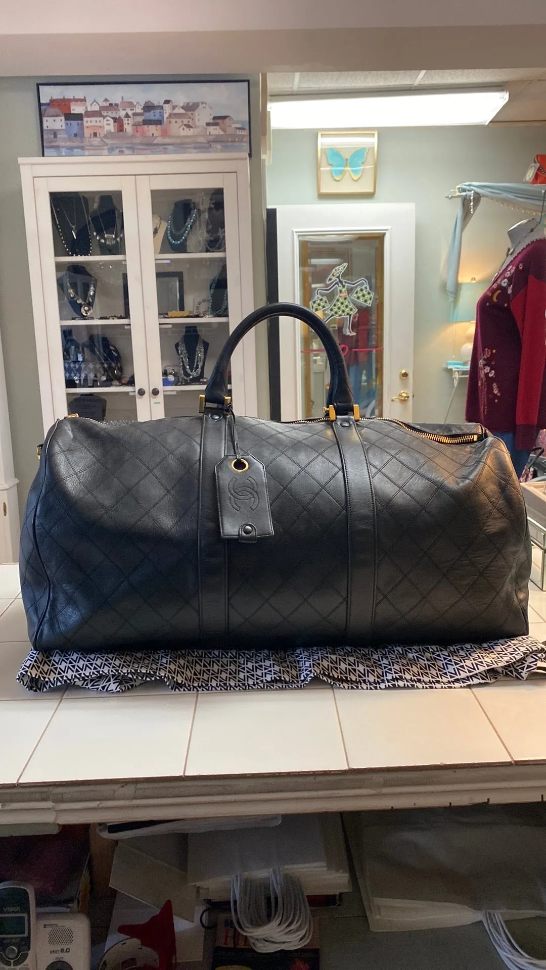 CHANEL Diamond Quilted Lambskin Leather Boston XL Travel Bag In Black