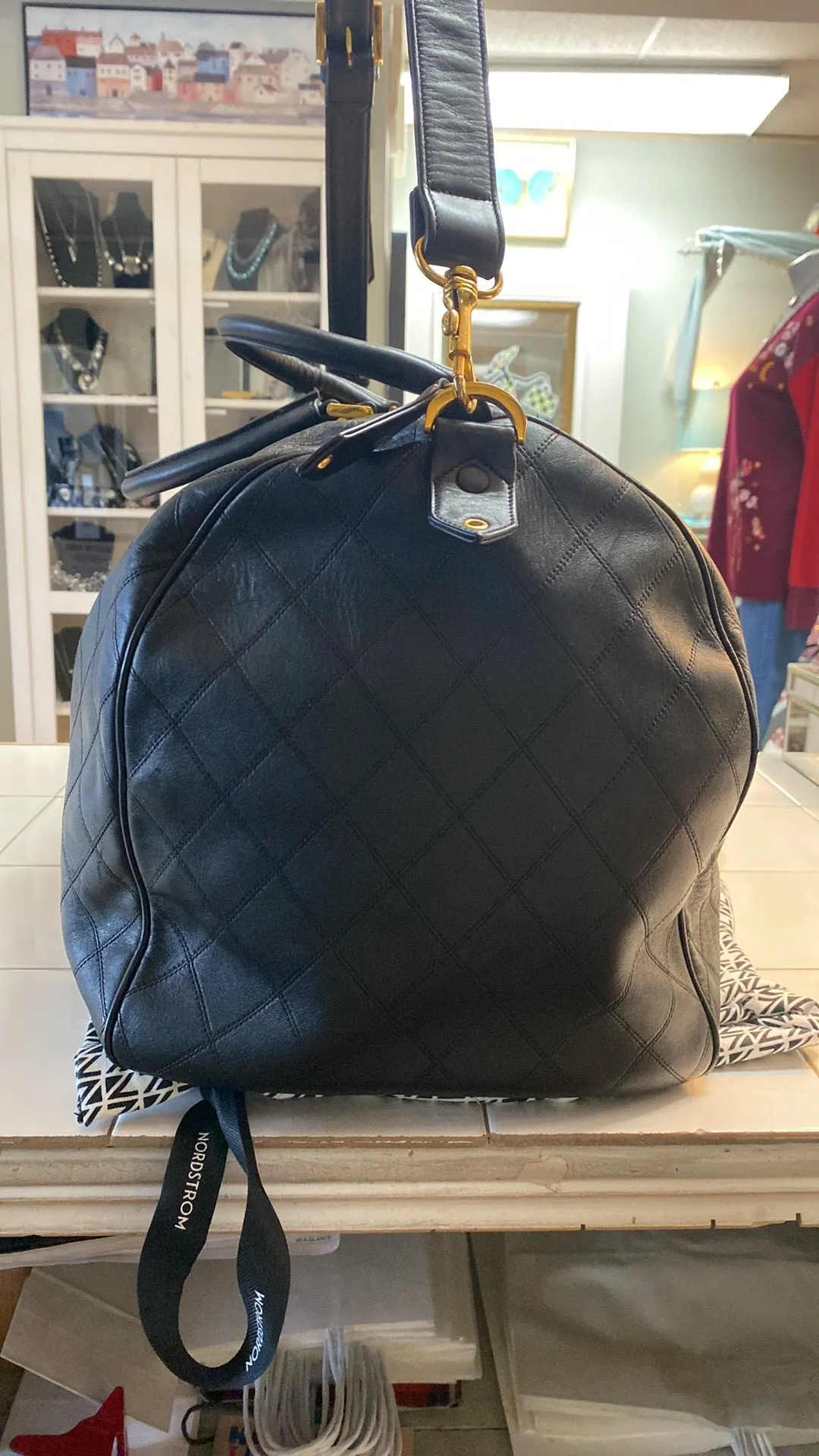 CHANEL Diamond Quilted Lambskin Leather Boston XL Travel Bag In Black