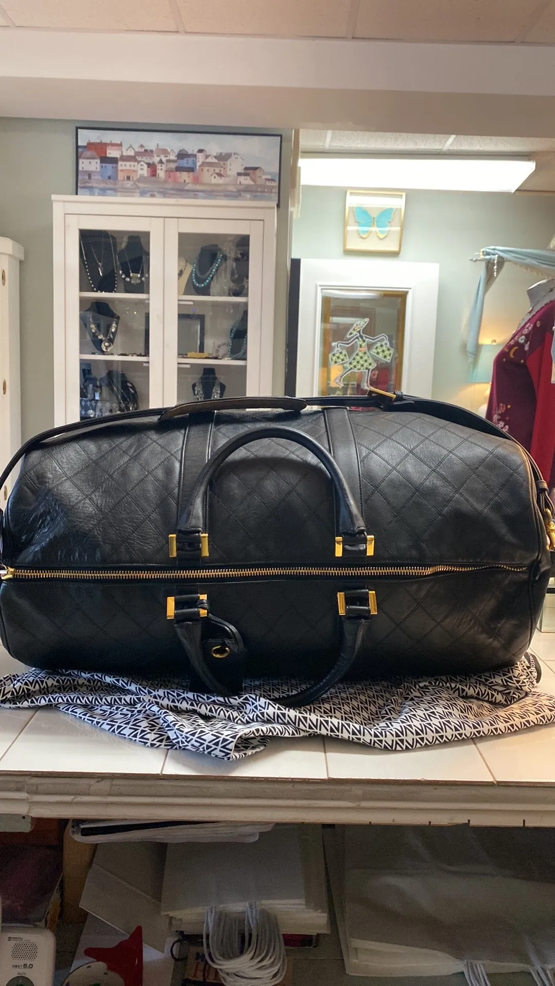 CHANEL Diamond Quilted Lambskin Leather Boston XL Travel Bag In Black
