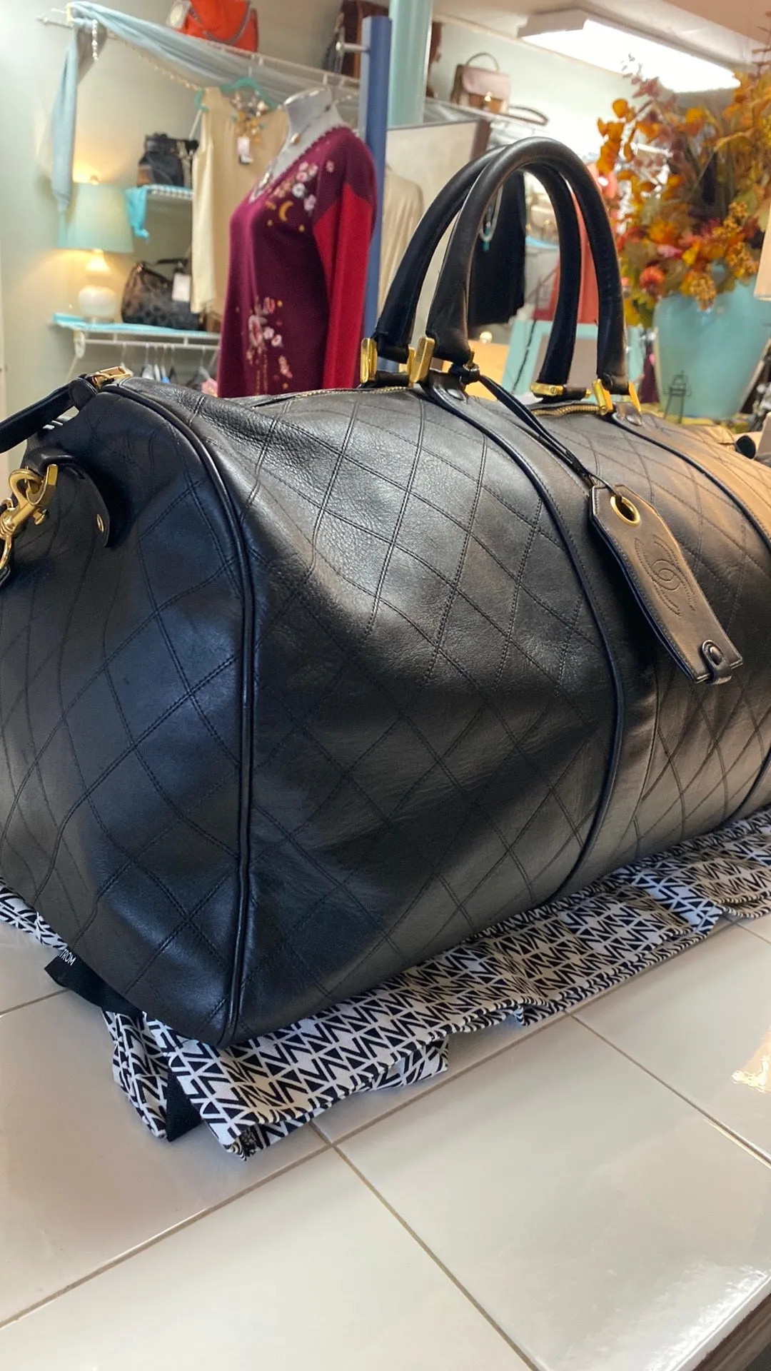 CHANEL Diamond Quilted Lambskin Leather Boston XL Travel Bag In Black
