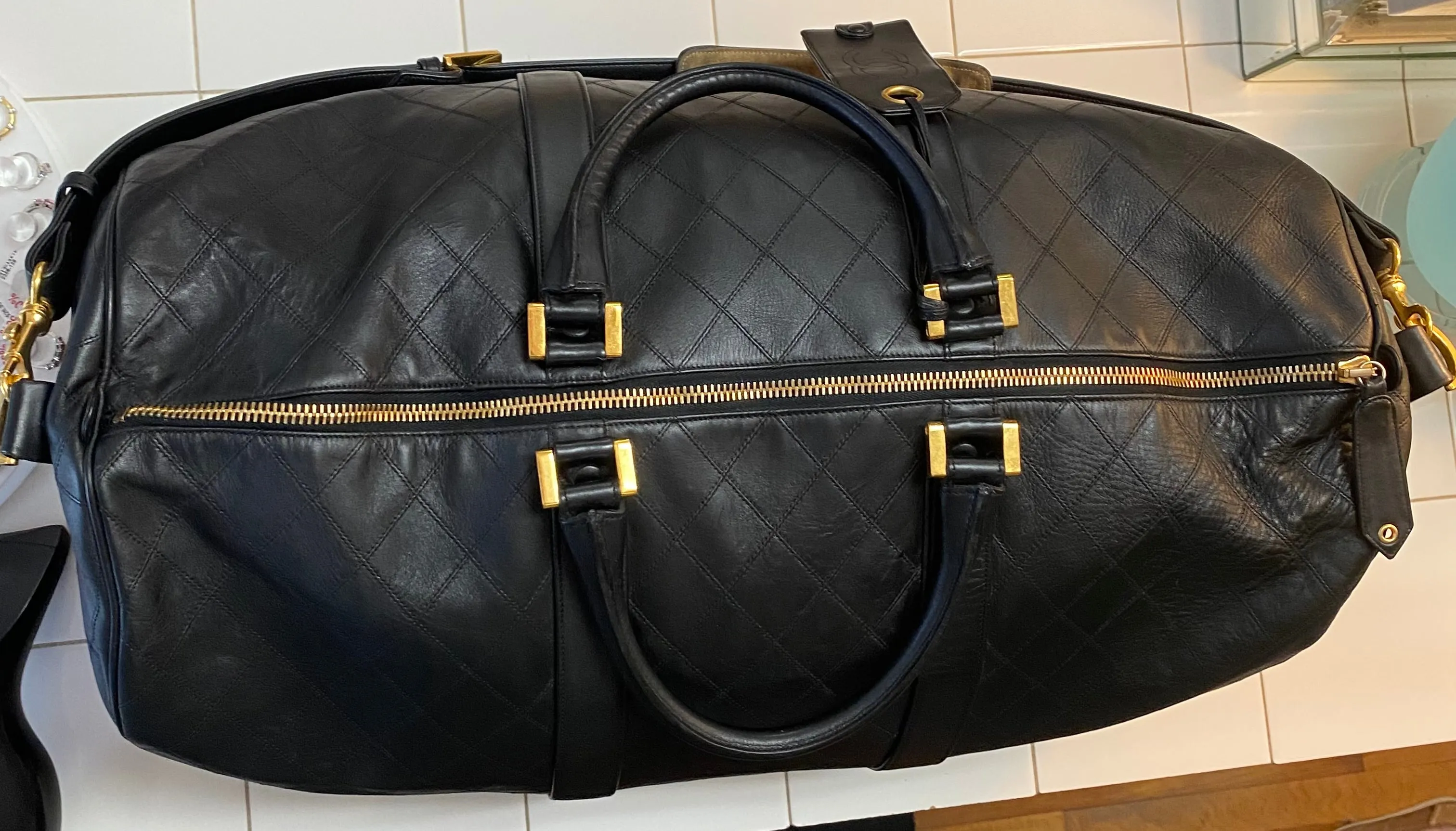 CHANEL Diamond Quilted Lambskin Leather Boston XL Travel Bag In Black
