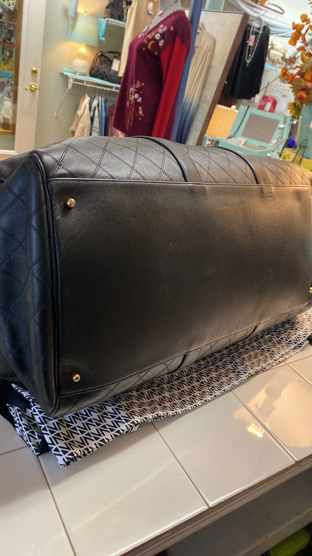 CHANEL Diamond Quilted Lambskin Leather Boston XL Travel Bag In Black