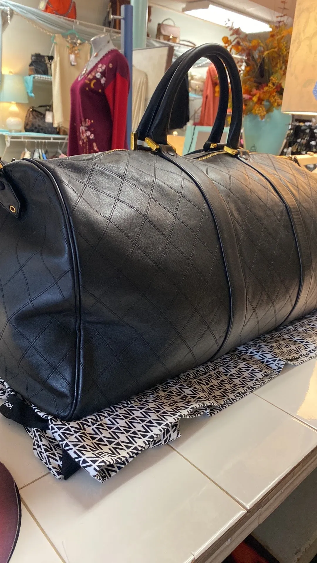 CHANEL Diamond Quilted Lambskin Leather Boston XL Travel Bag In Black