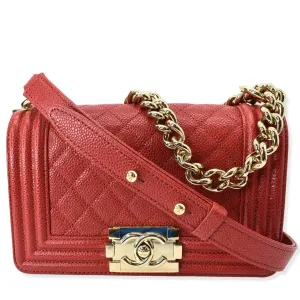 CHANEL Le Boy Small Caviar Leather Shoulder Bag Red
