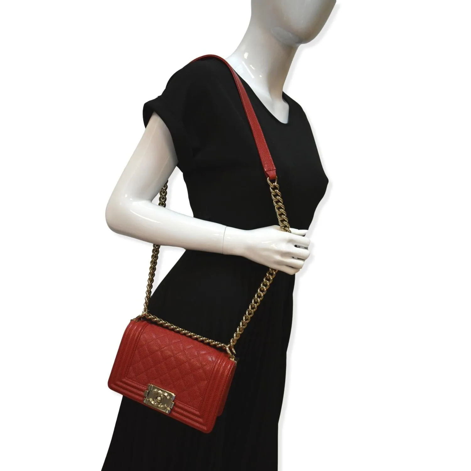 CHANEL Le Boy Small Caviar Leather Shoulder Bag Red