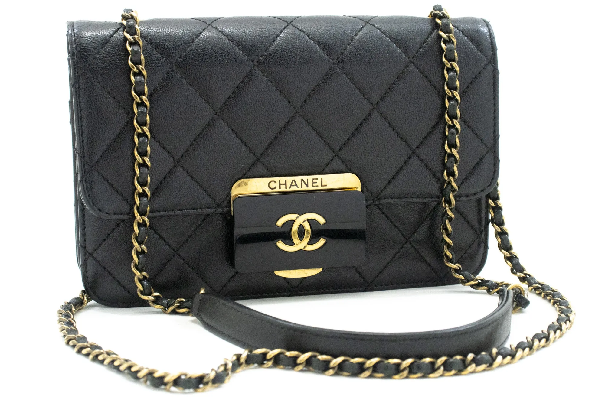 CHANEL Mini Calfskin Chain Shoulder Bag Black Quilted Flap Leather n59