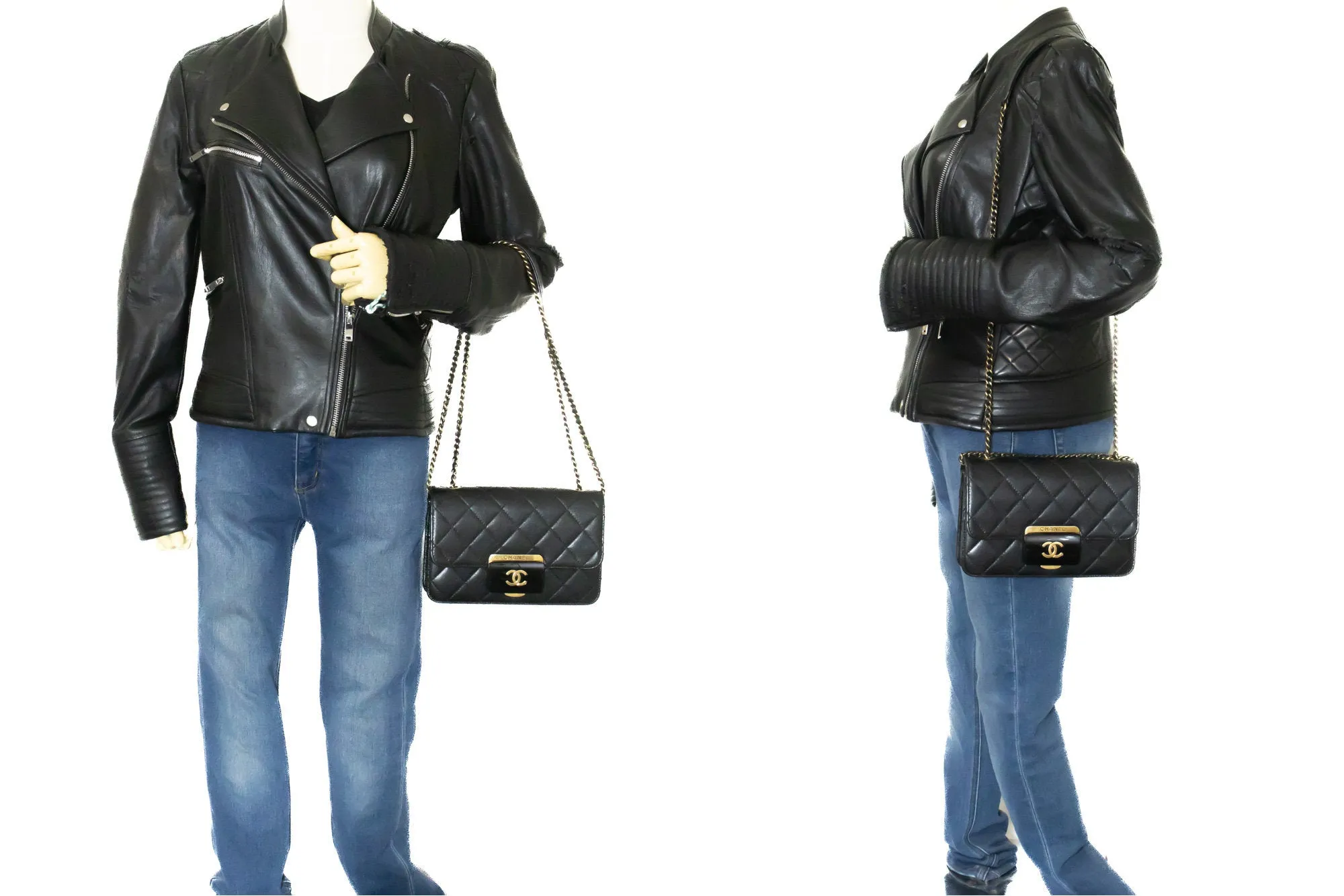 CHANEL Mini Calfskin Chain Shoulder Bag Black Quilted Flap Leather n59