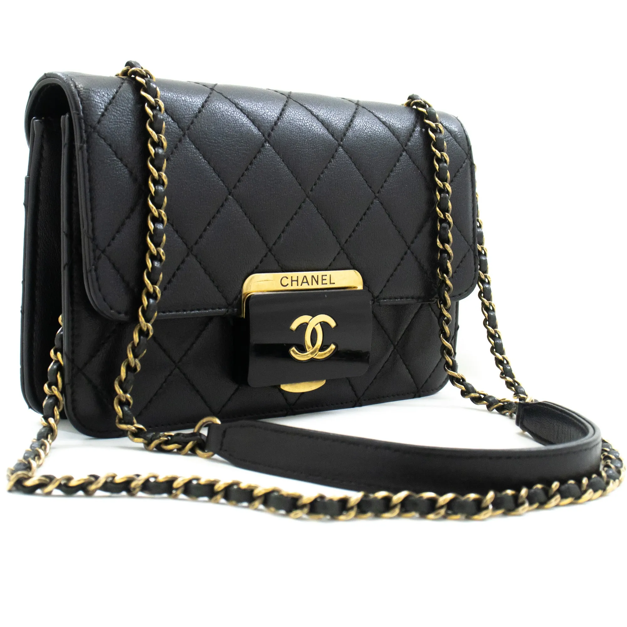 CHANEL Mini Calfskin Chain Shoulder Bag Black Quilted Flap Leather n59