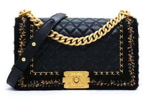 Chanel Rare Tweed "Jacket" Black Lambskin Old Medium Boy Bag