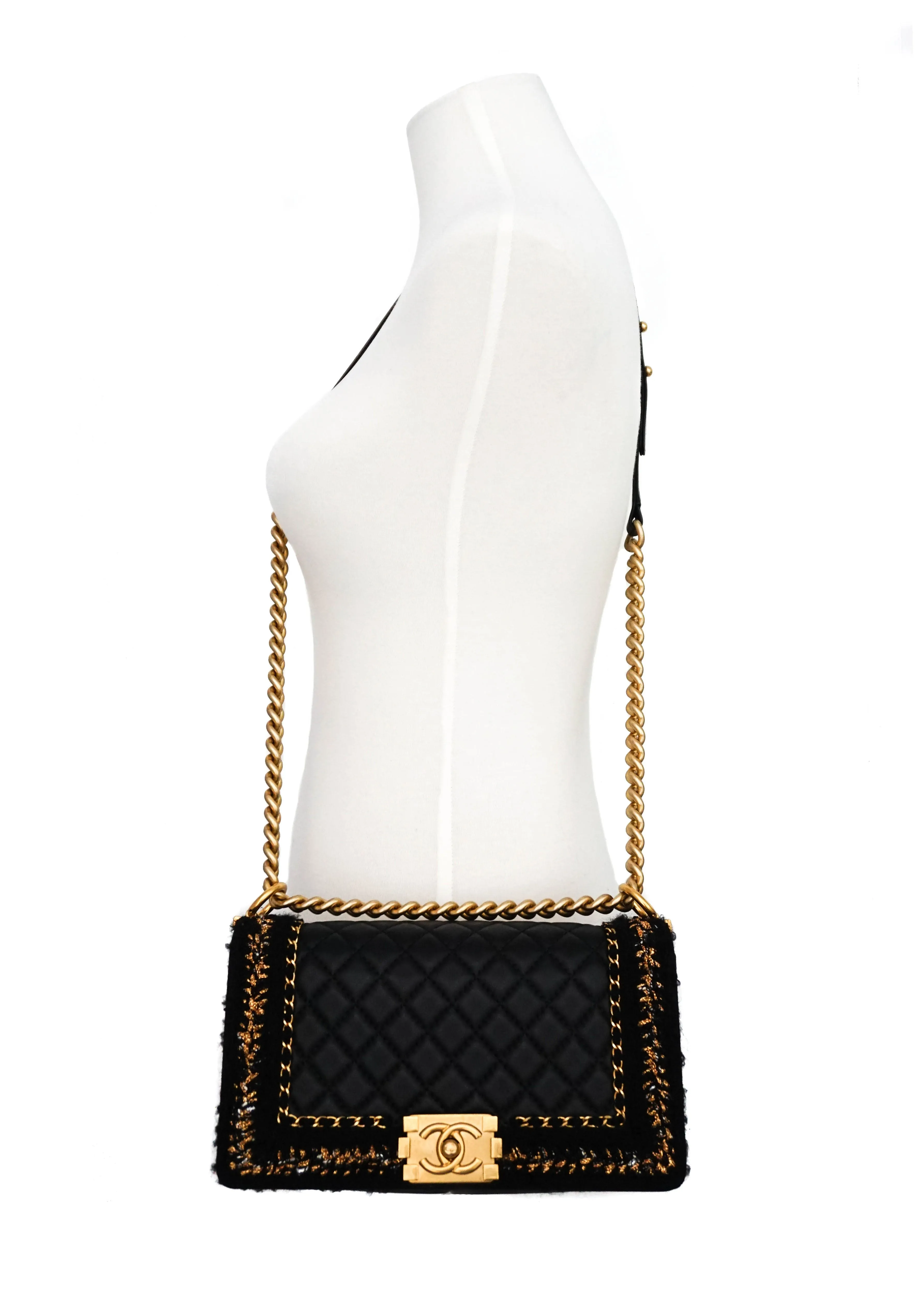 Chanel Rare Tweed "Jacket" Black Lambskin Old Medium Boy Bag
