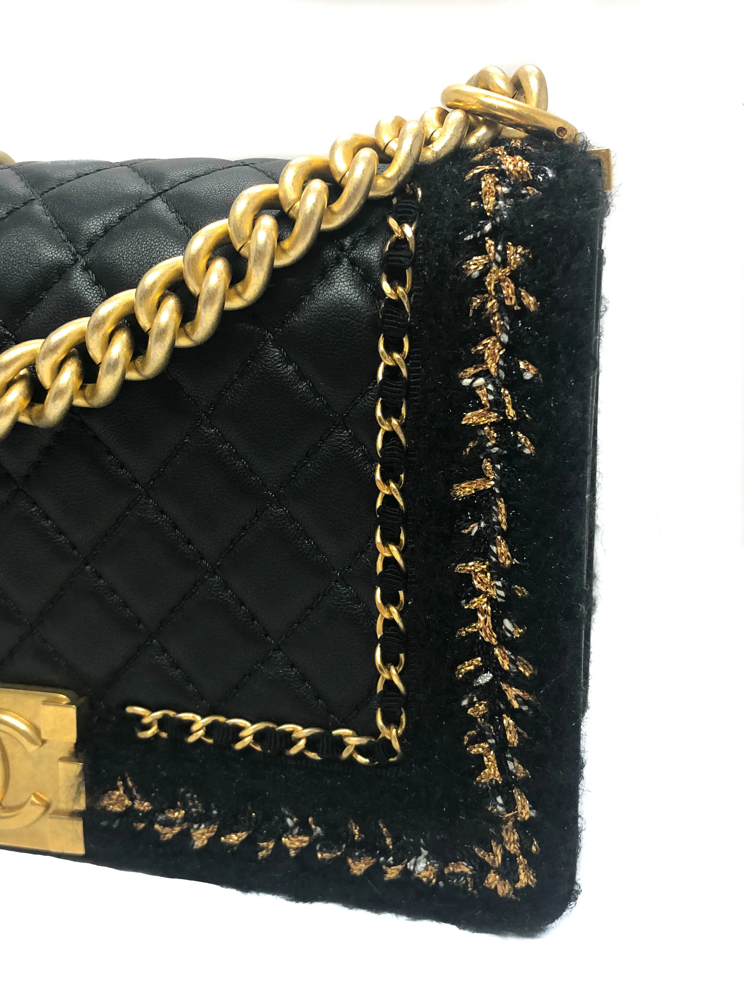Chanel Rare Tweed "Jacket" Black Lambskin Old Medium Boy Bag