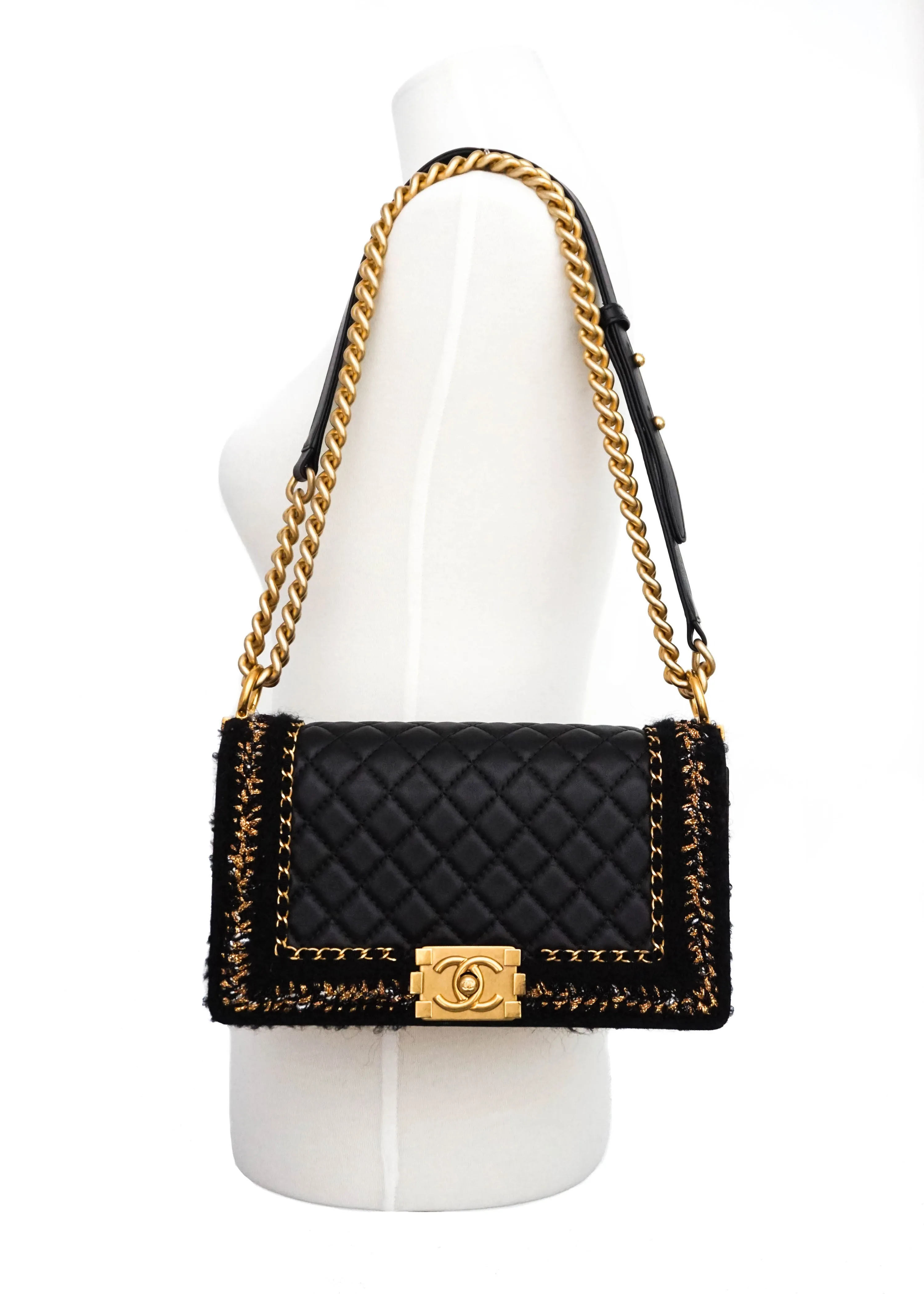 Chanel Rare Tweed "Jacket" Black Lambskin Old Medium Boy Bag