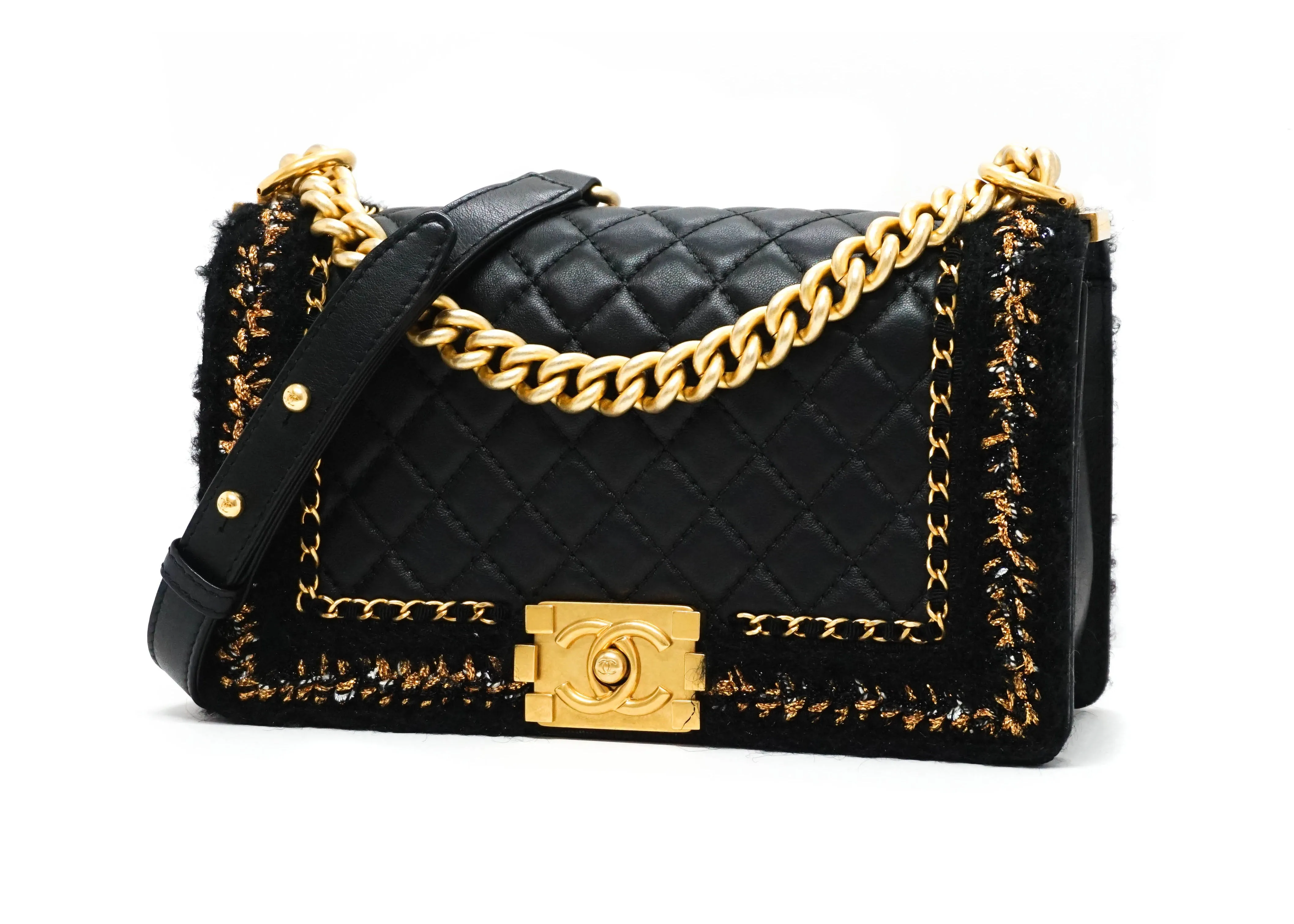 Chanel Rare Tweed "Jacket" Black Lambskin Old Medium Boy Bag
