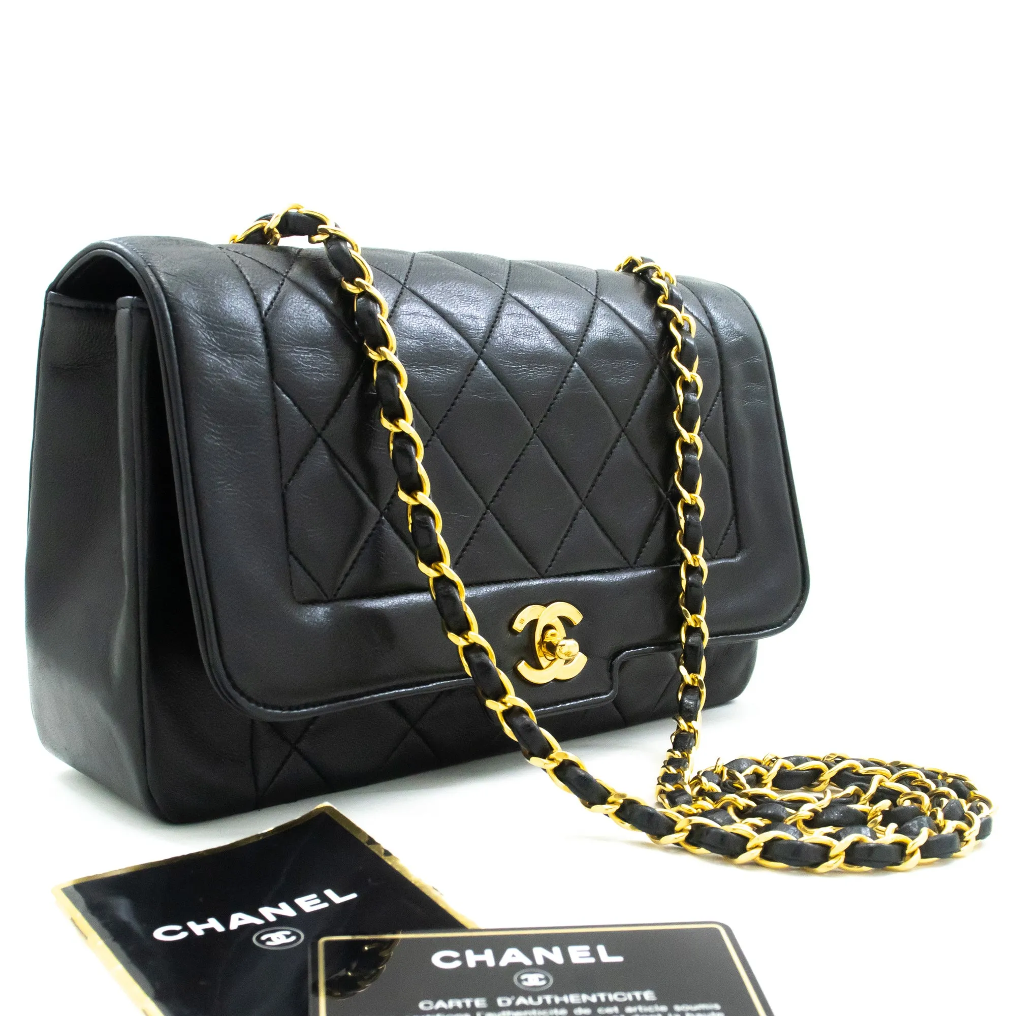 CHANEL Vintage Medium Chain Shoulder Bag Black Lambskin Quilted m37