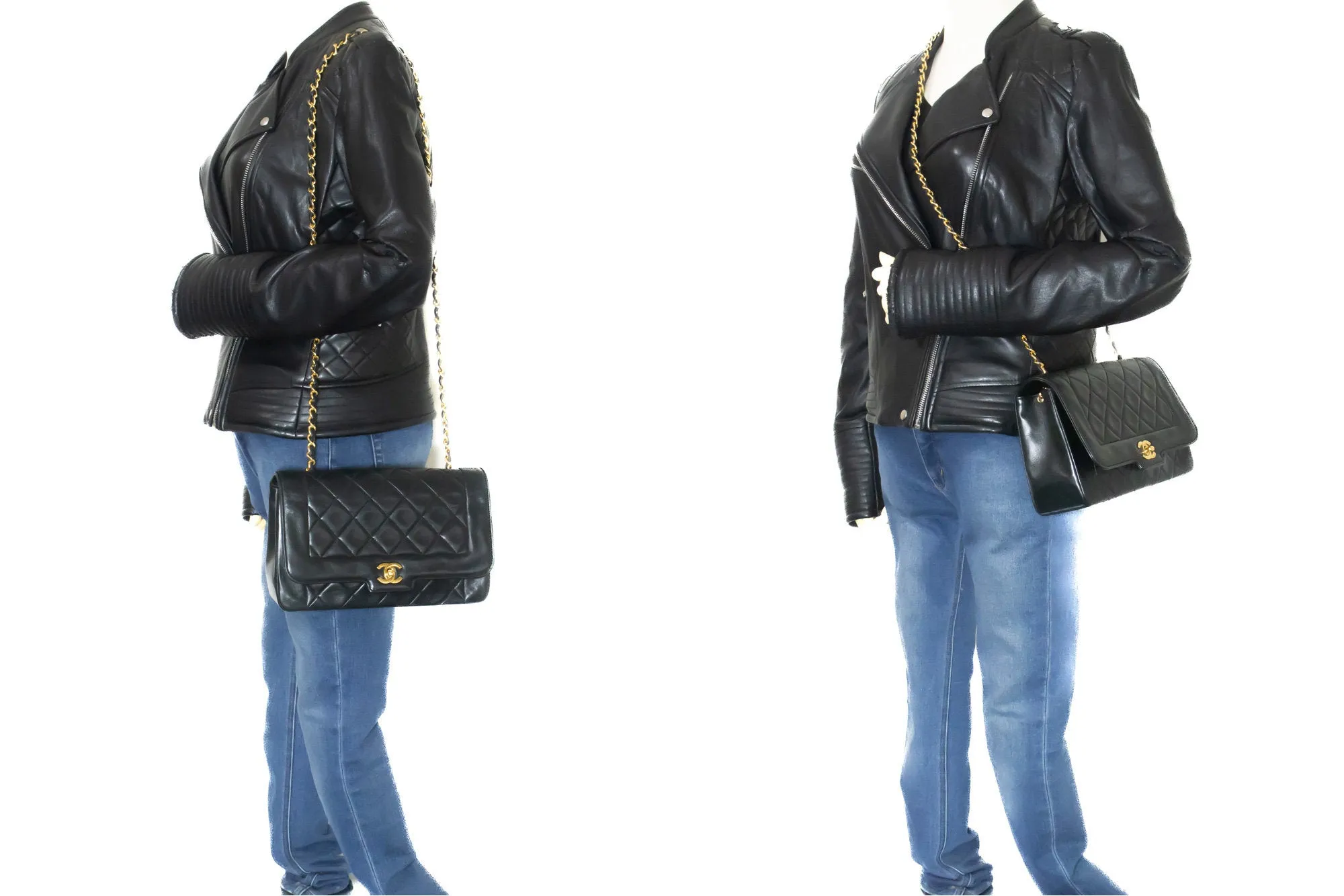 CHANEL Vintage Medium Chain Shoulder Bag Black Lambskin Quilted m37