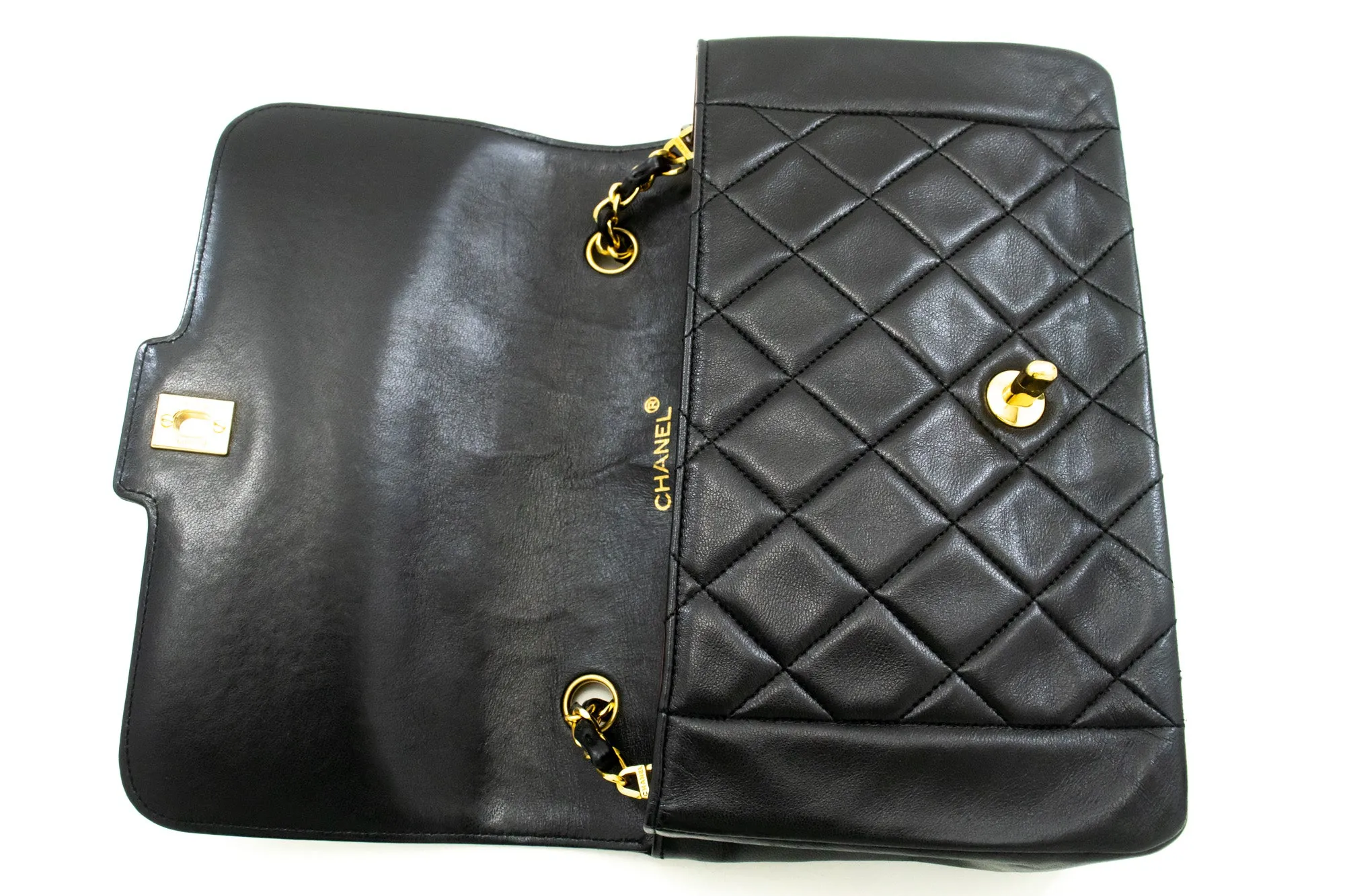 CHANEL Vintage Medium Chain Shoulder Bag Black Lambskin Quilted m37