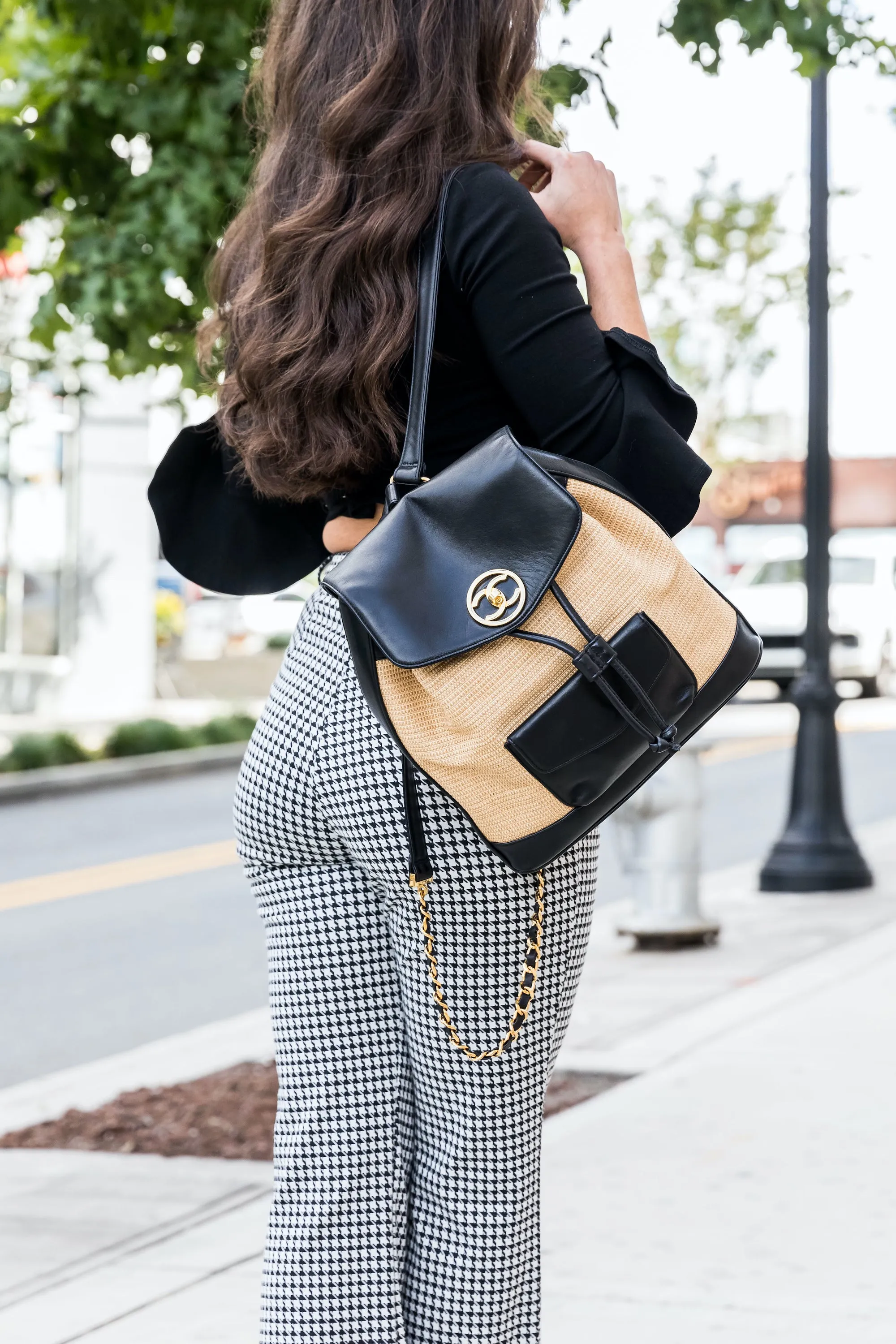 Chanel Vintage Rare Black Lambskin & Raffia Backpack