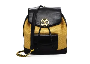 Chanel Vintage Rare Black Lambskin & Raffia Backpack