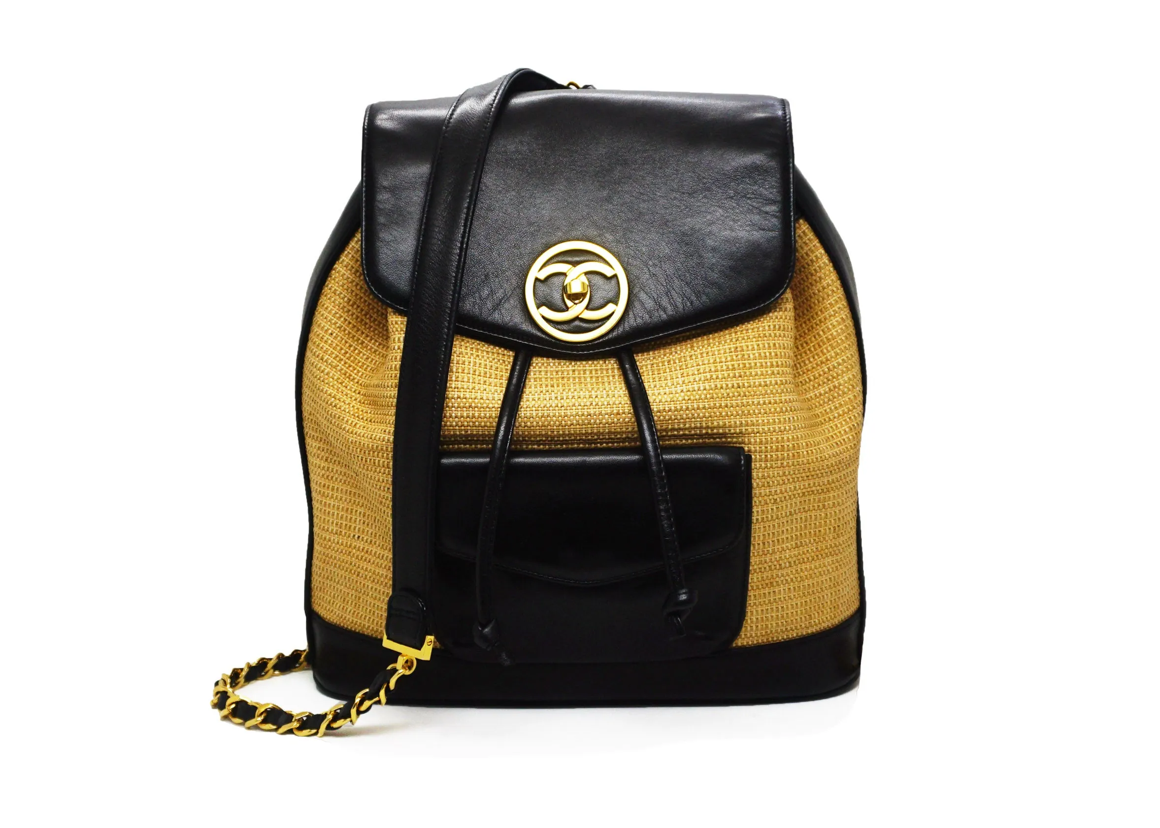 Chanel Vintage Rare Black Lambskin & Raffia Backpack