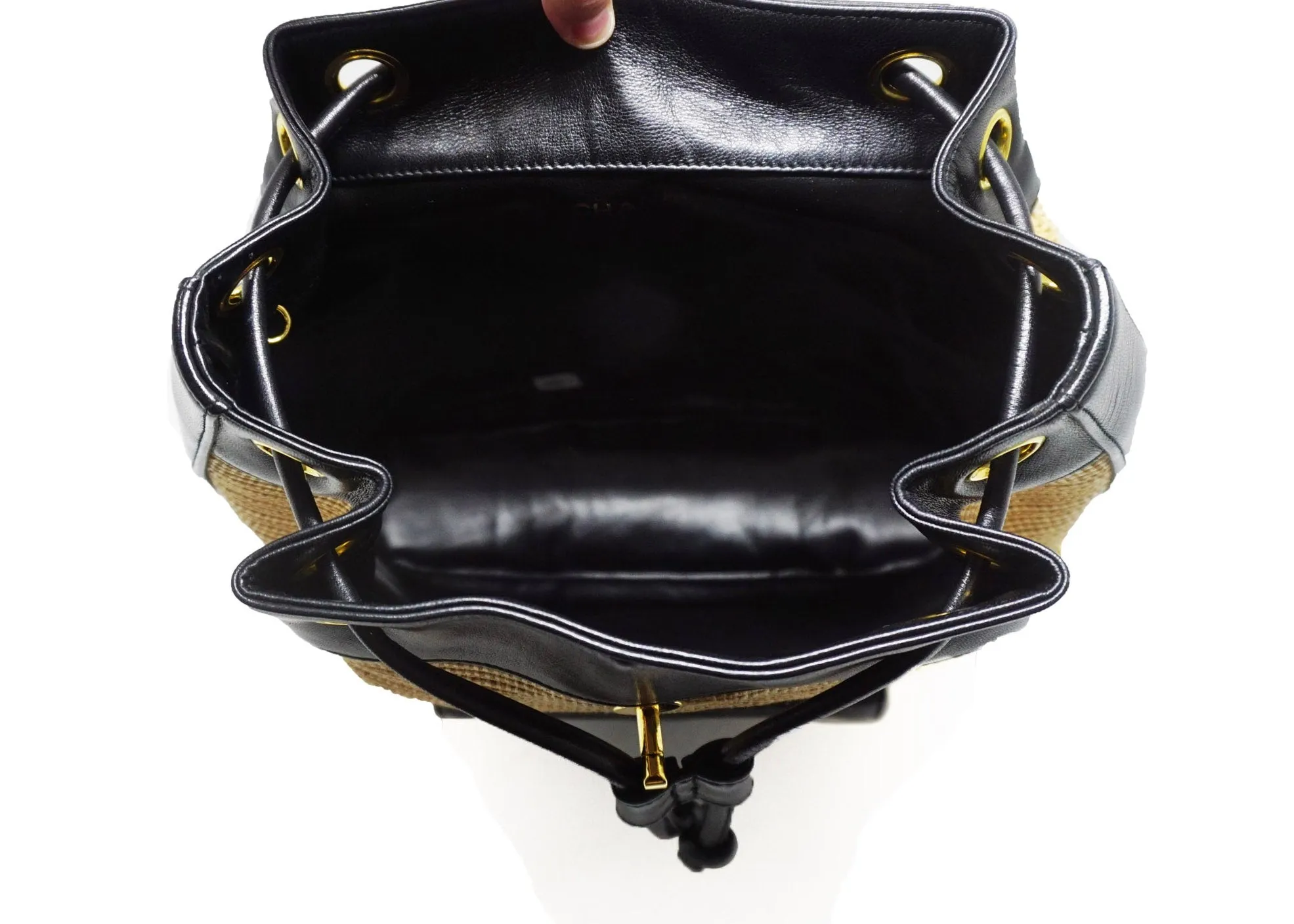 Chanel Vintage Rare Black Lambskin & Raffia Backpack