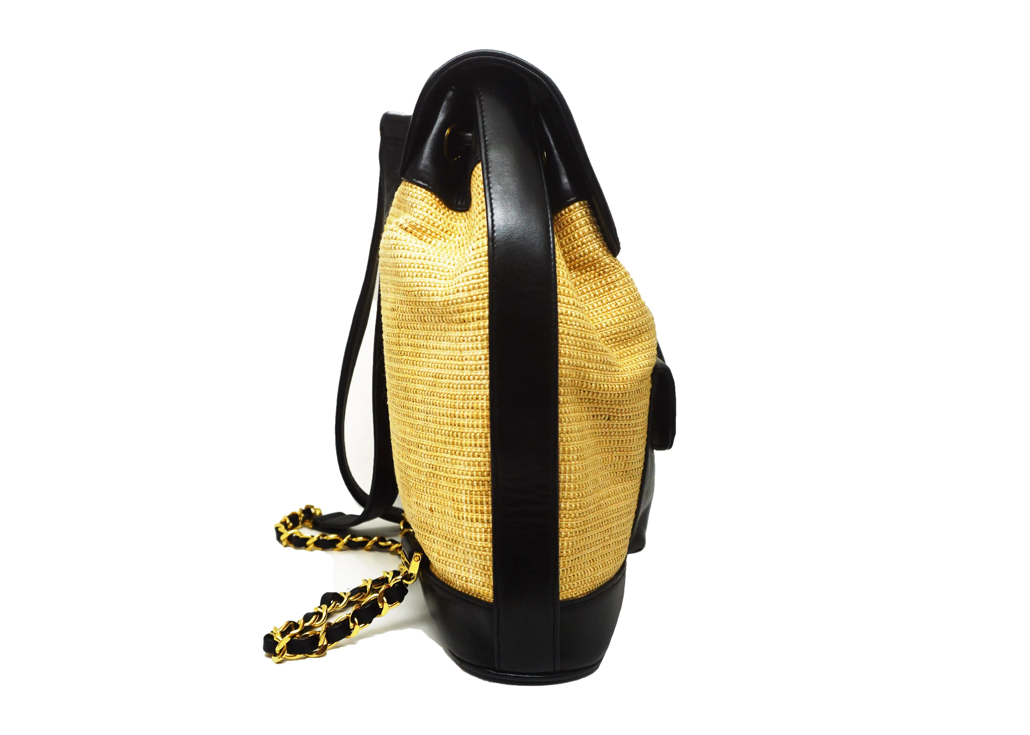 Chanel Vintage Rare Black Lambskin & Raffia Backpack