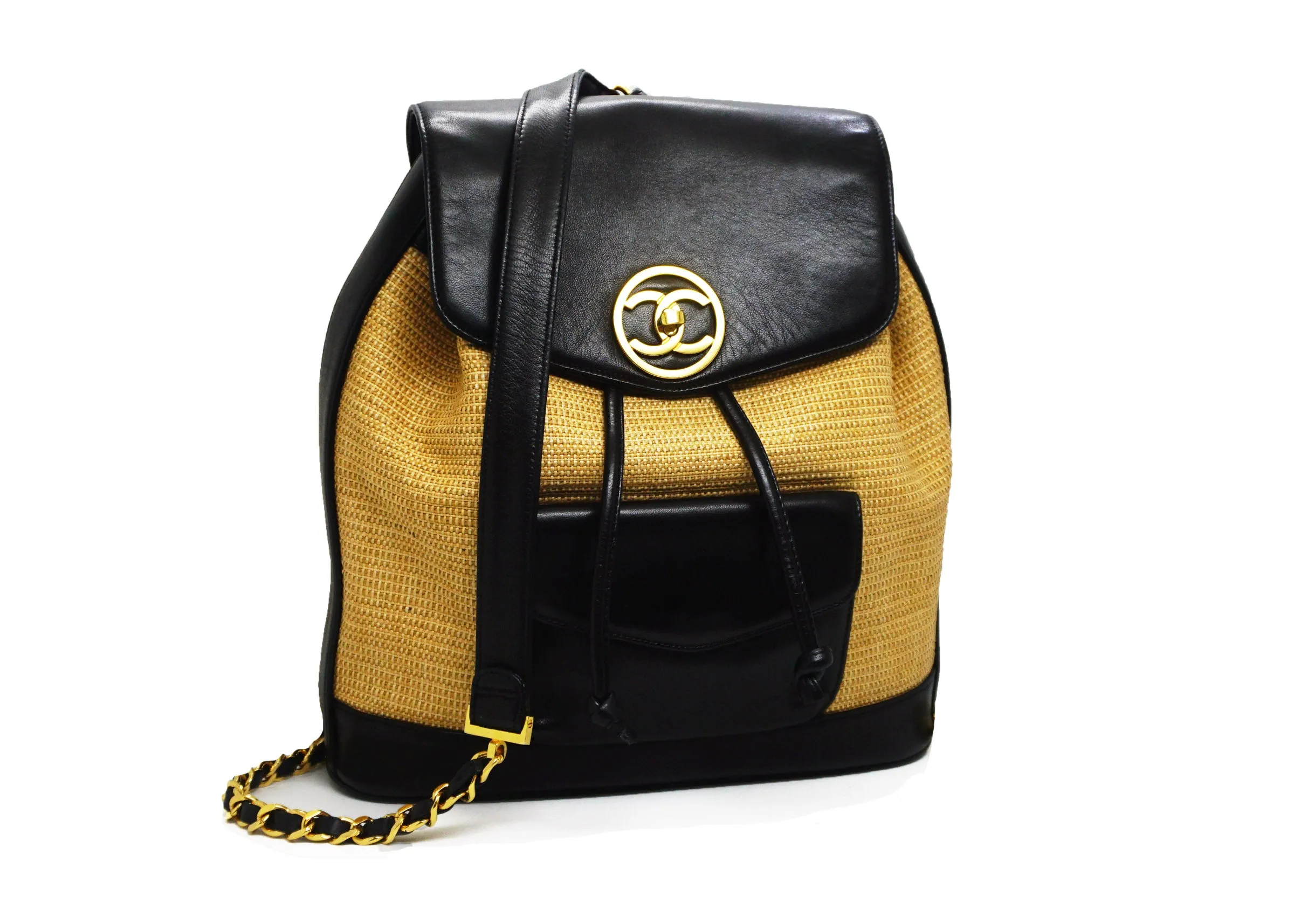 Chanel Vintage Rare Black Lambskin & Raffia Backpack