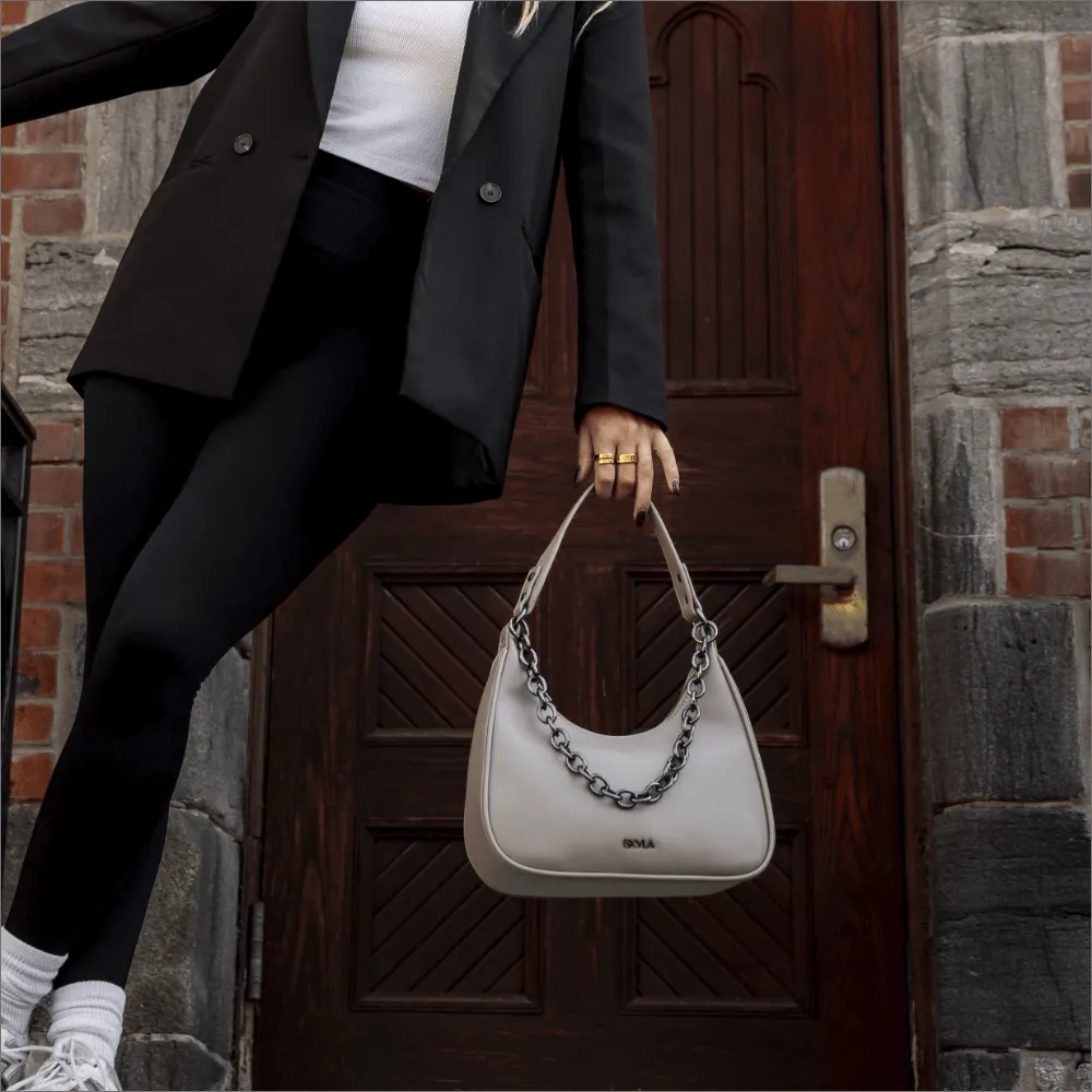 Charlie Vegan Leather Shoulder Bag | Stone Grey