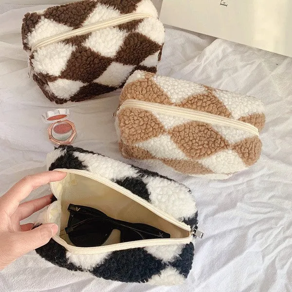 Checkered Sherpa Makeup Bag