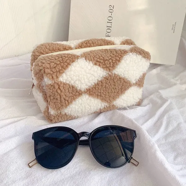 Checkered Sherpa Makeup Bag