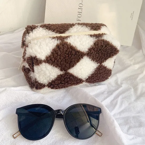 Checkered Sherpa Makeup Bag