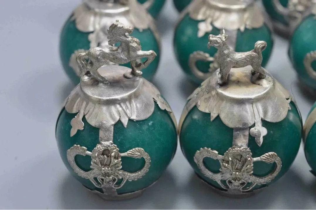 Chinese Genuine National Green Jade HandCarved Silver Lucky 12 Zodiac Statues