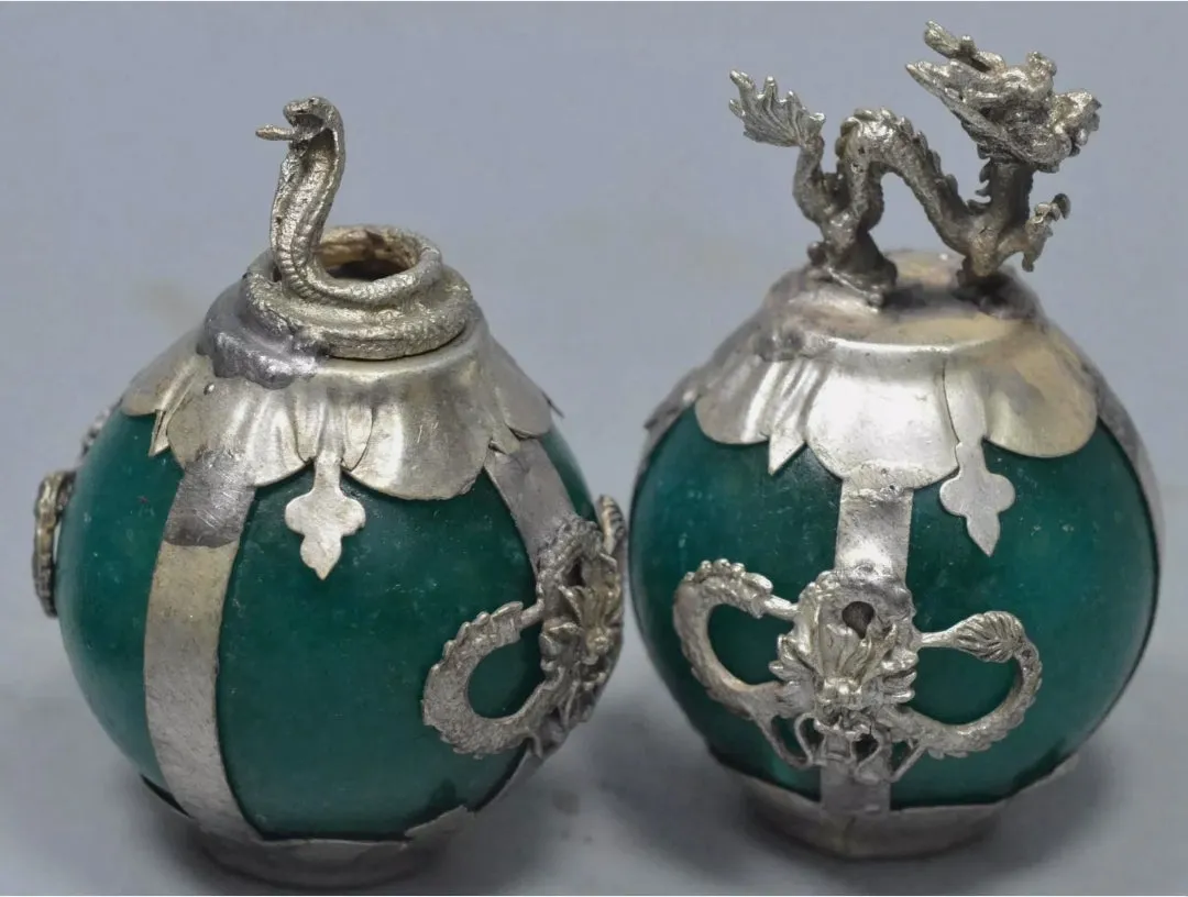 Chinese Genuine National Green Jade HandCarved Silver Lucky 12 Zodiac Statues