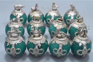 Chinese Genuine National Green Jade HandCarved Silver Lucky 12 Zodiac Statues